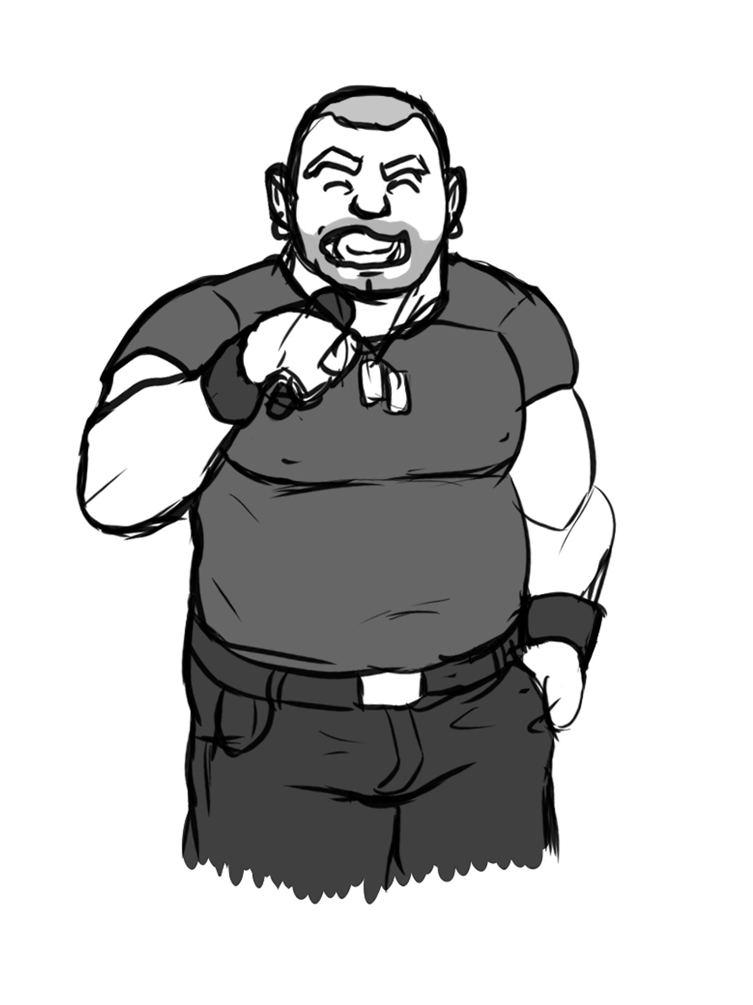 A digital sketch of my OC Björn, singing loudly, into a microphone. The sketch consist of black outlines and flat grayscale colors on clothing and hair, in front of a white background. 

Björn is a fat, muscular man with buzz cut hair and a five o'clock shadow, wearing a tight t-shirt, jeans with a belt, leather wristbands and a pair of dog tags. 