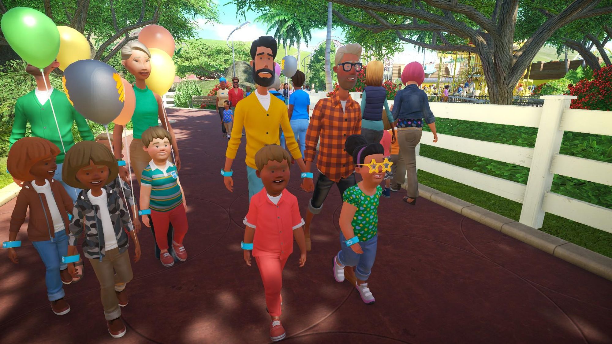 A screenshot of the theme park simulator game Planet Coaster, showing a group of guests consisting of two adult men and a boy and a girl. The men are holding hands. 