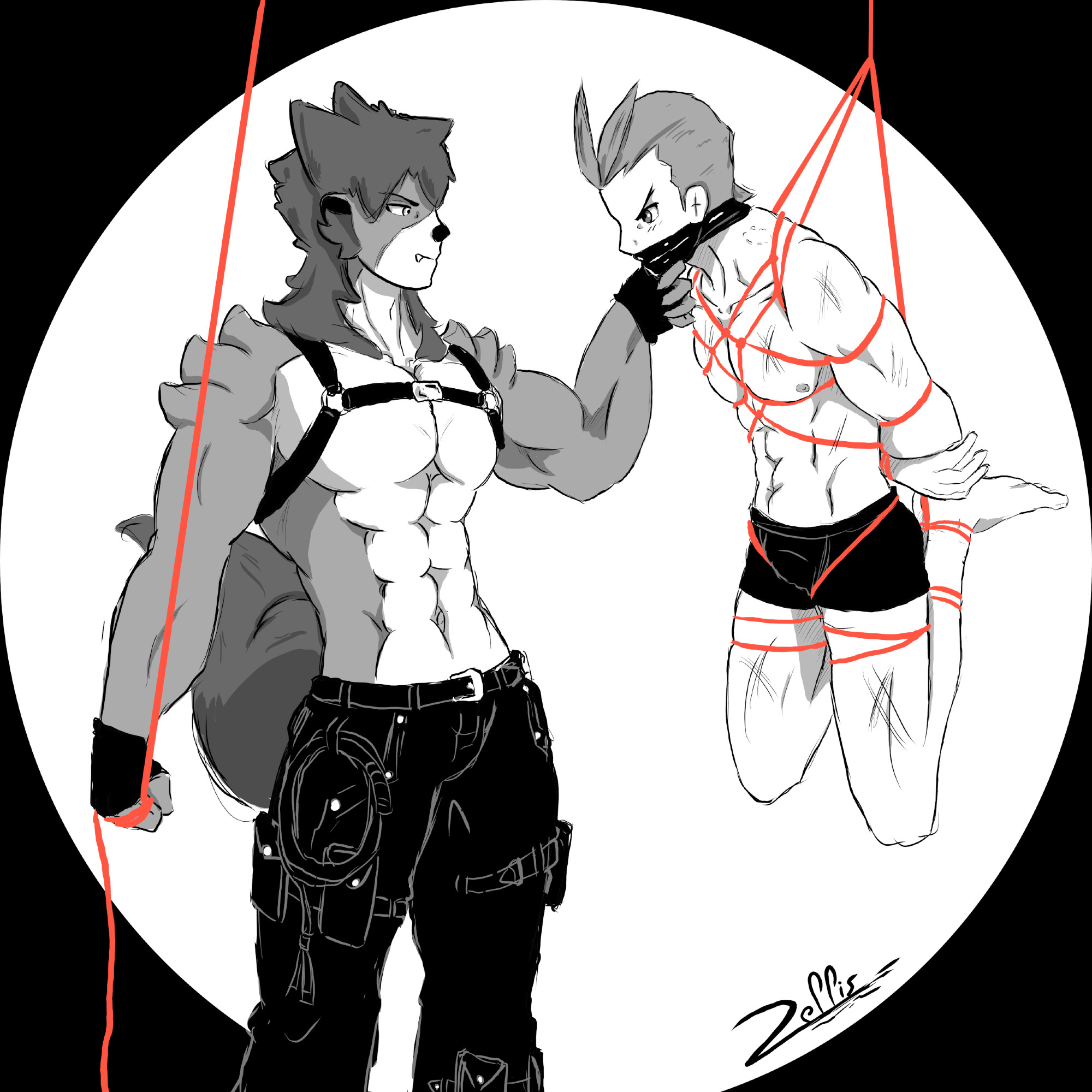 Ciel (my OC) having Apollo Justice tied up in suspension with some marks on his body.