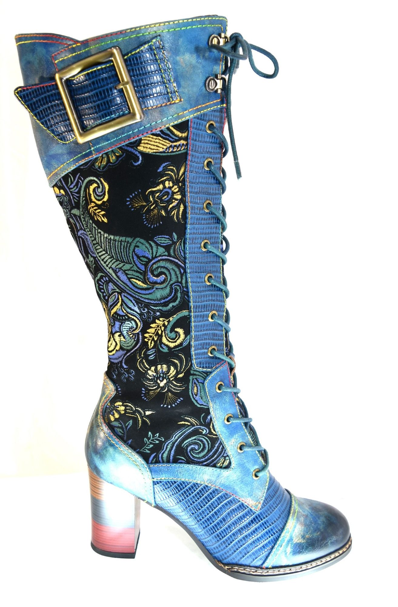 Knee-high boots in shades of blue with a really fancy embroidered section in the middle and they have long laces and a buckle and they're so pretty but I almost never wear skirts and dresses.