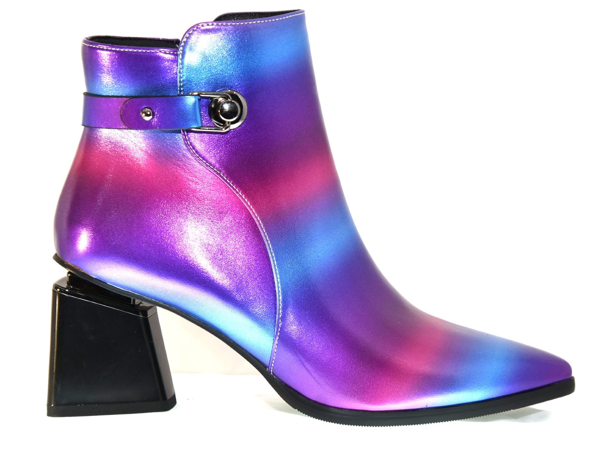 A pair of Extremely Bisexual ankle boots in shades of metallic blue, pink and purple with a black squared heel.