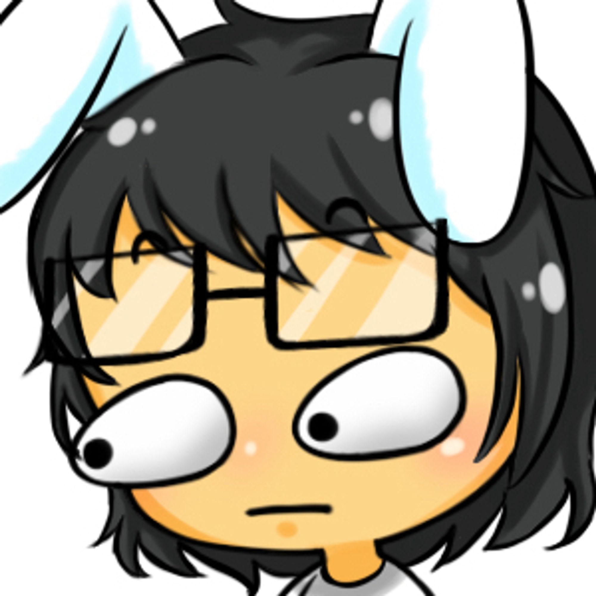 Chibi emote of a bunny boy with glasses and their eyes poppoing out in shock