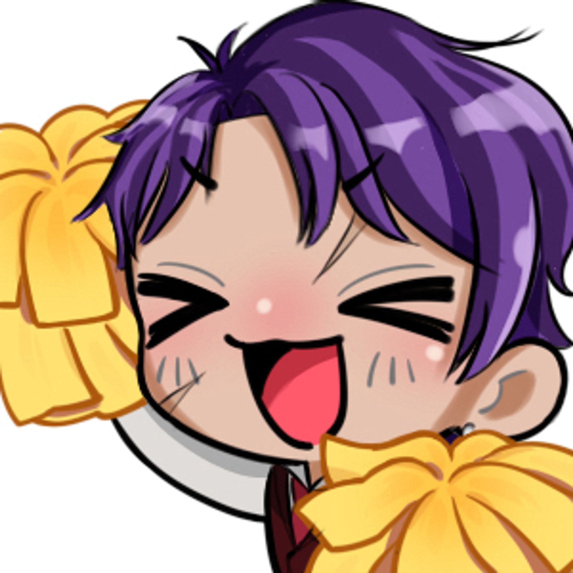 Chibi emote of purple haired guy holding pompoms and cheering with a bright expression