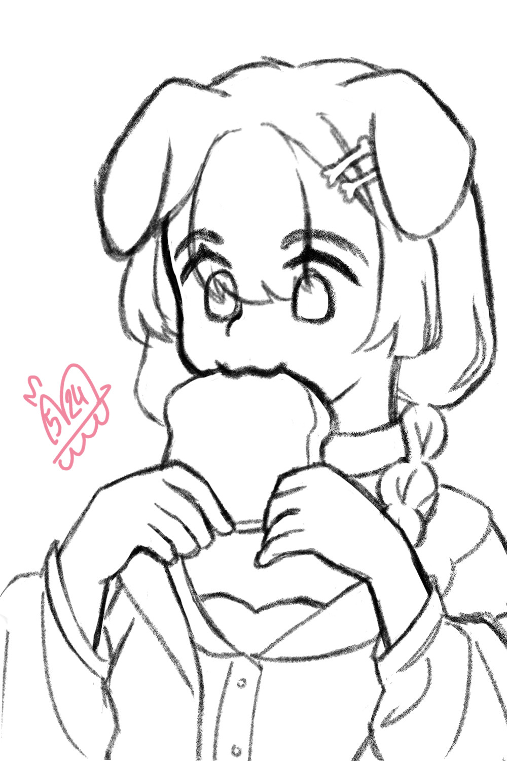 sketch of korone eating a slice of bread with the OwO face