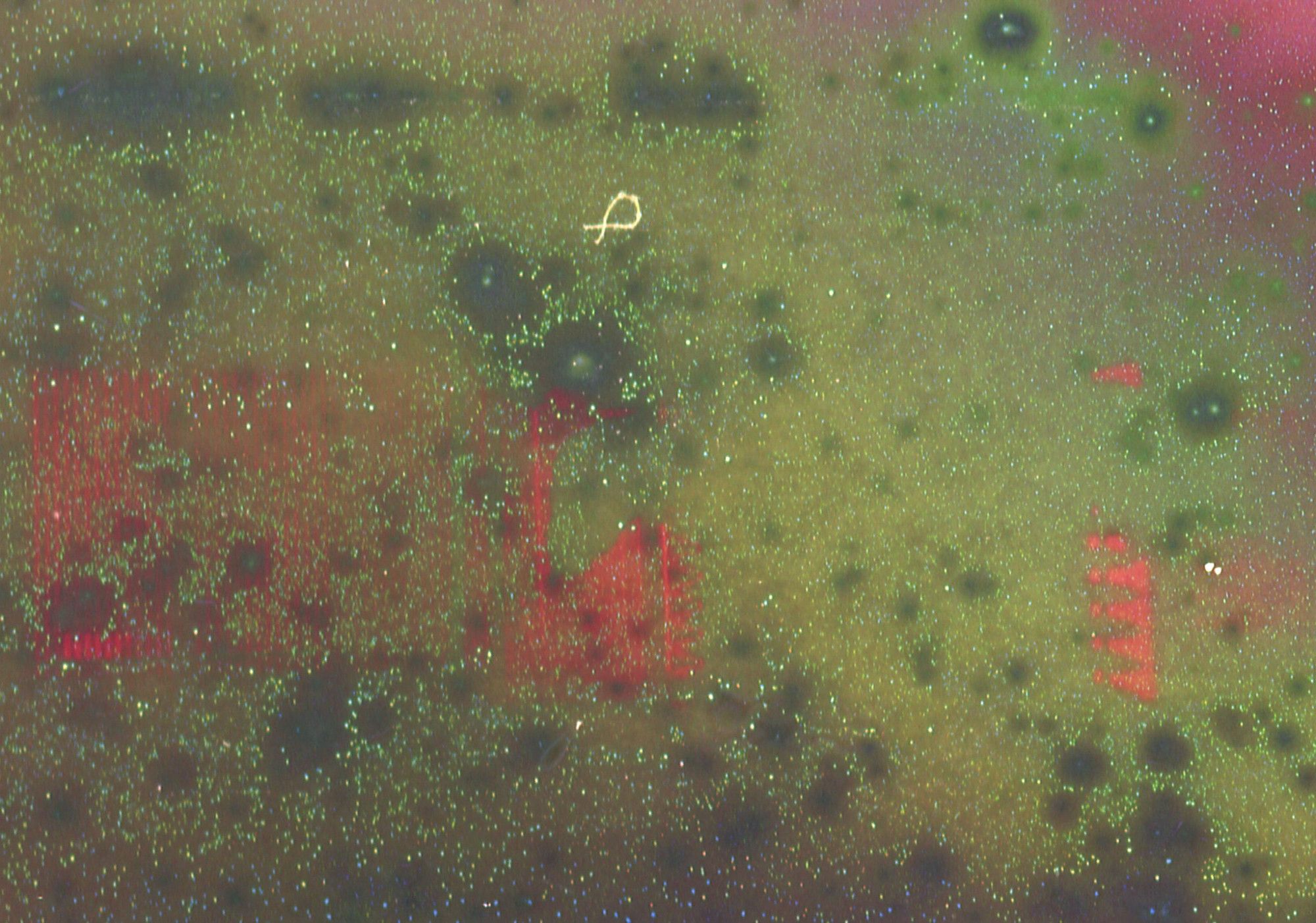 Scan of a ruined film exposure showing an abstract soupy green field mottled with dark green and white specks, overlaid with over-saturated red markings