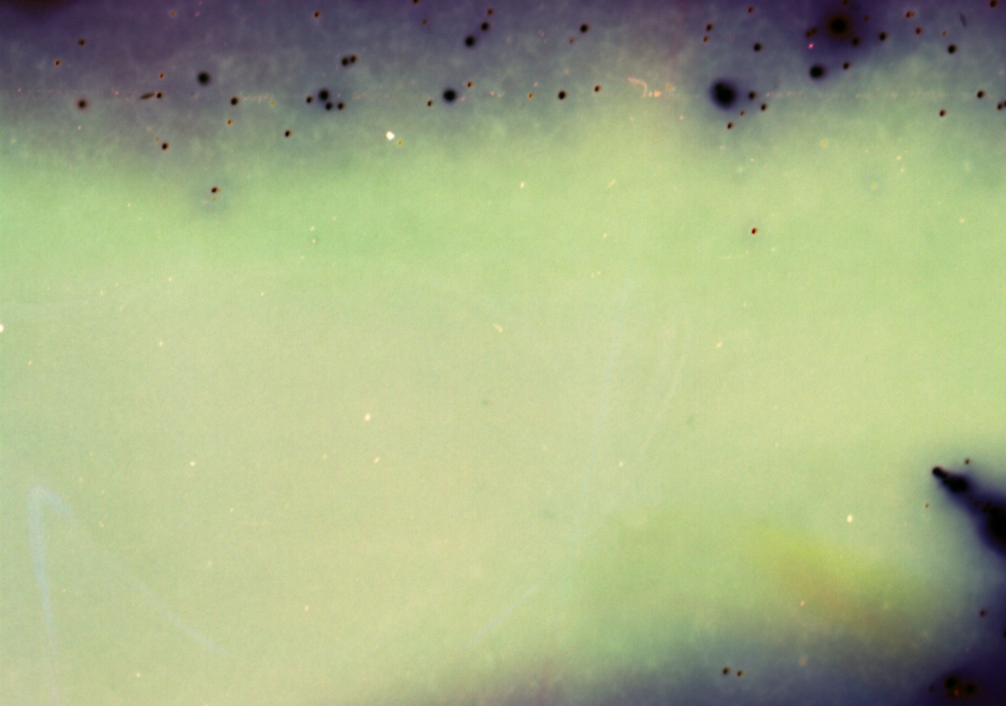 Scan of a ruined film exposure, appearing  as a bank of glowing green fog with a band of small black holes at top and a spooky pointed shape jutting in from the right