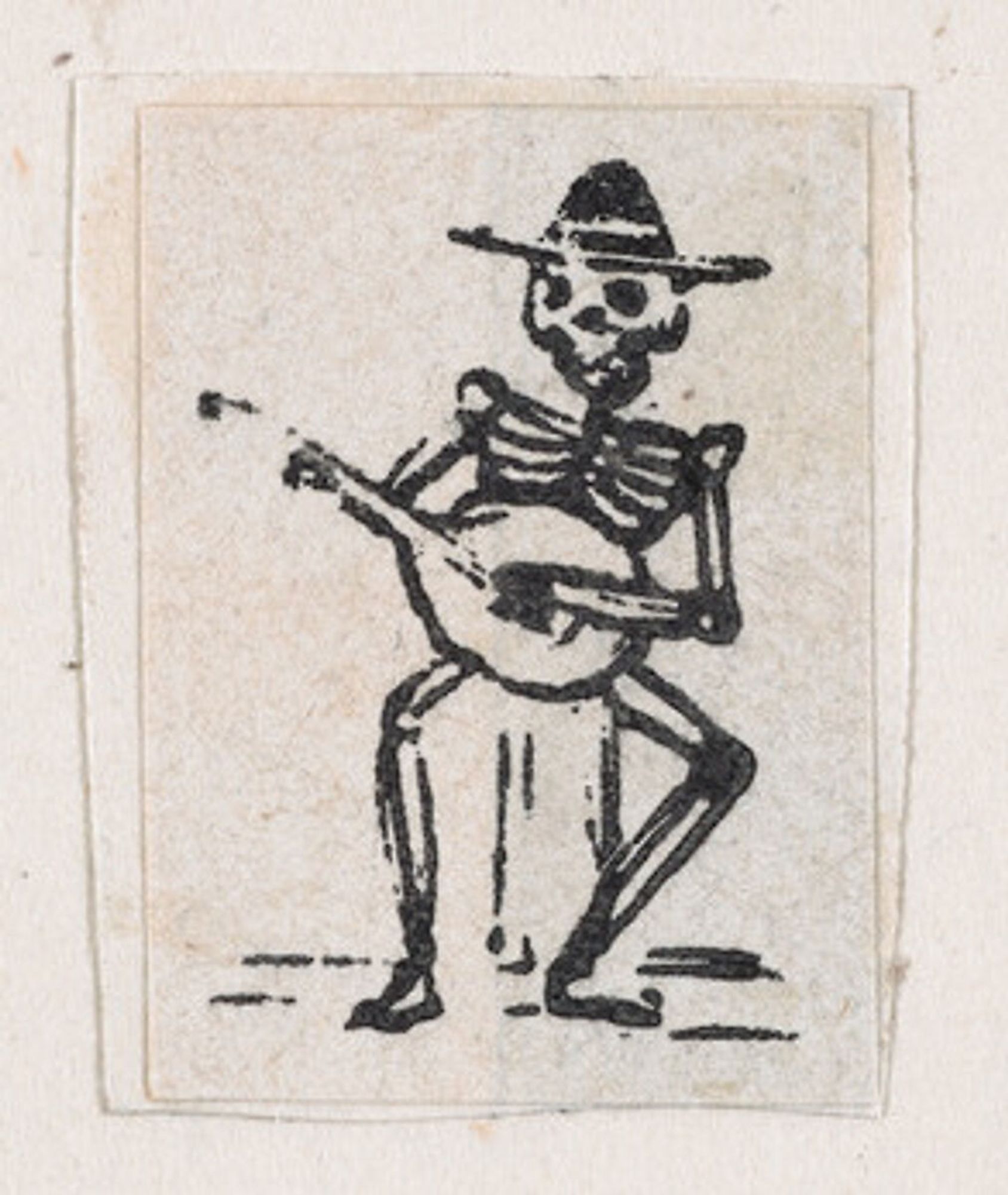 Print in black ink on mottled off white paper of a simply rendered skeleton sitting on a stool, playing guitar. He wears a sombrero and appears relaxed, everyone likes this song.