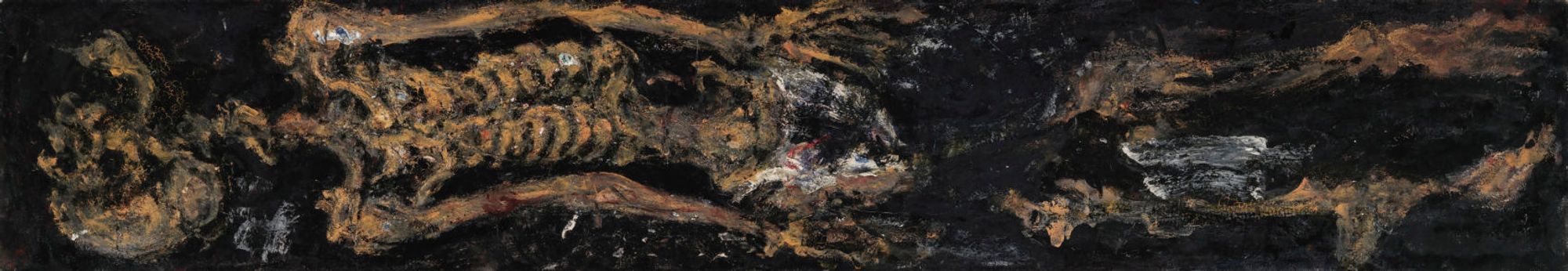 A long, narrow, horizontal expressionist oil painting depicting a skeleton laid on its back, with thickly textured paint mainly in black and ochre