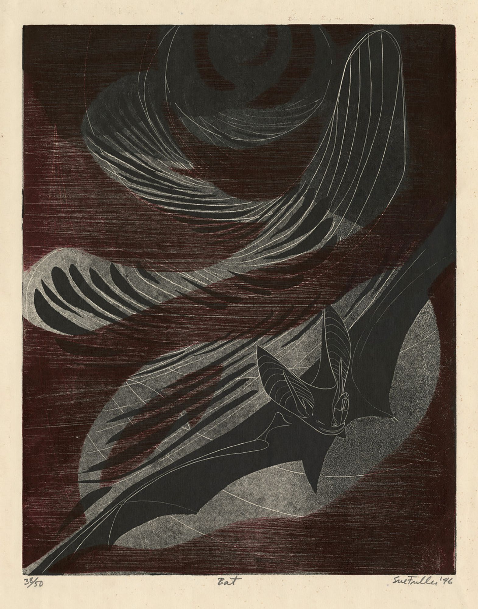 Stylized image of a bat. Rendered in black with white lines and a dark red background, it swoops through the night air, swirling lines curving behind it showing its flight.