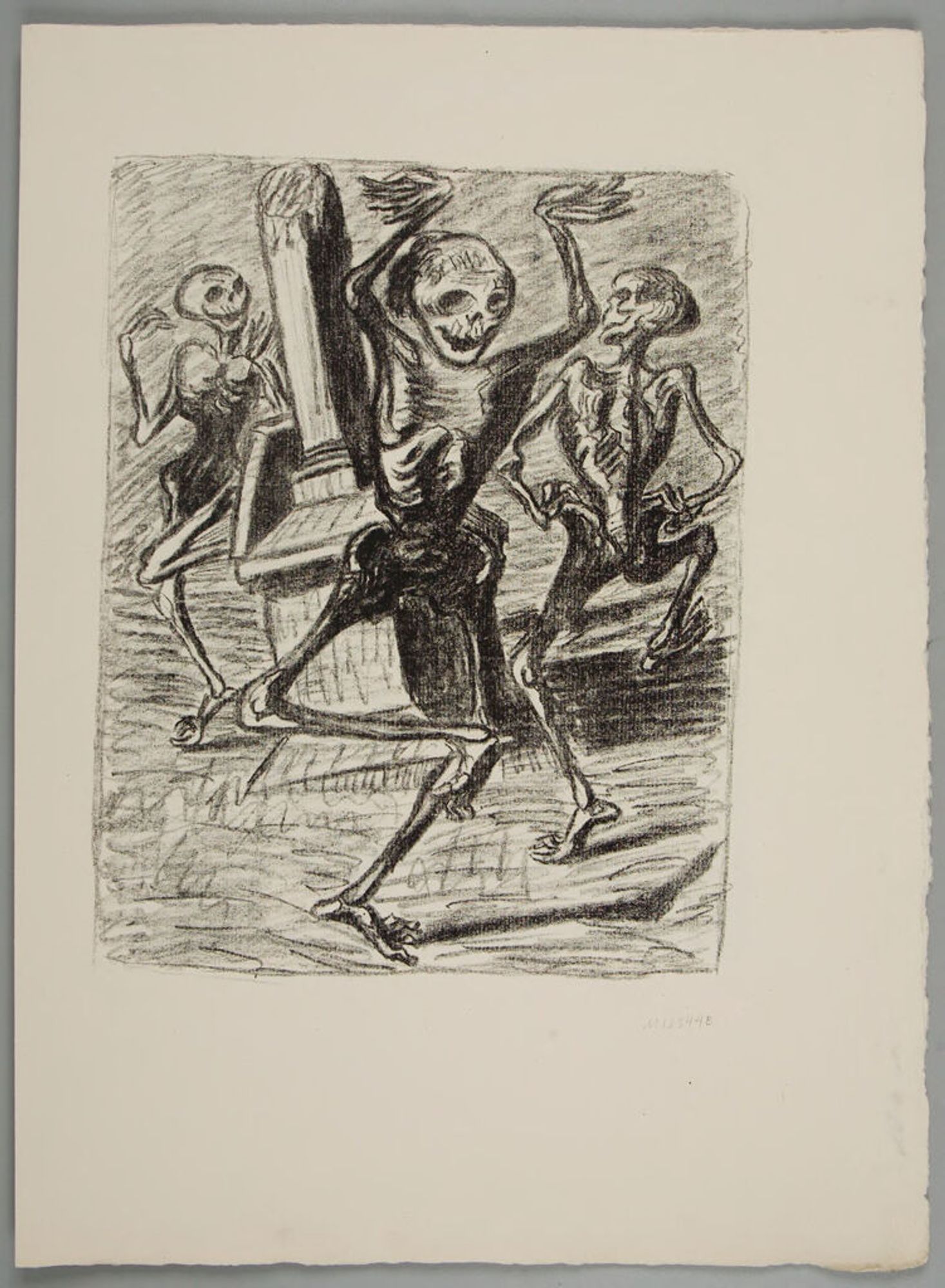 Lithograph in black ink on cream colored paper. Three vigorously sketched skeletons dance around a monument in a graveyard, seemingly very happy to have shuffled off their mortal coils.