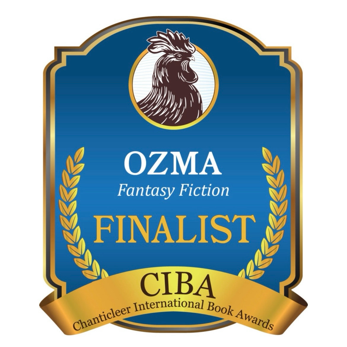 Ozma finalist badge in blue and gold featuring a rooster.