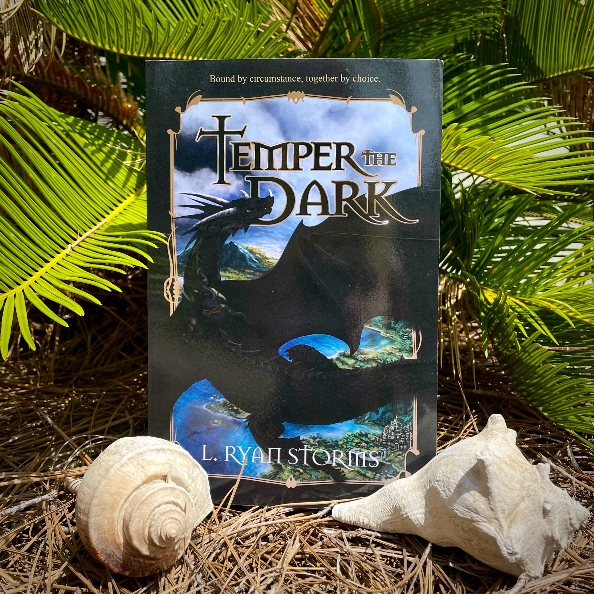 A copy of Temper the Dark in an island setting framed by fronds and conch shells.