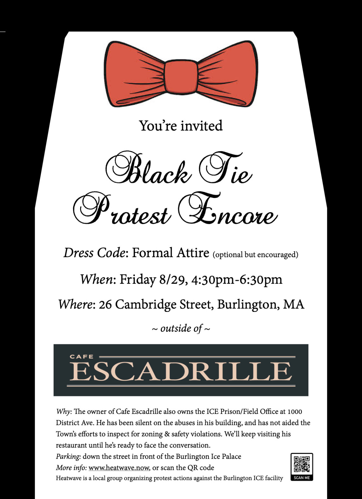 Flyer advertising a protest by Heatwave.now from 4:30-6:30 in front of Cafe Escadrille on Friday the 29th.

The owner of this Burlington restaurant also owns the property at 1000 District Ave in Burlington where ICE illegally imprisons people. 