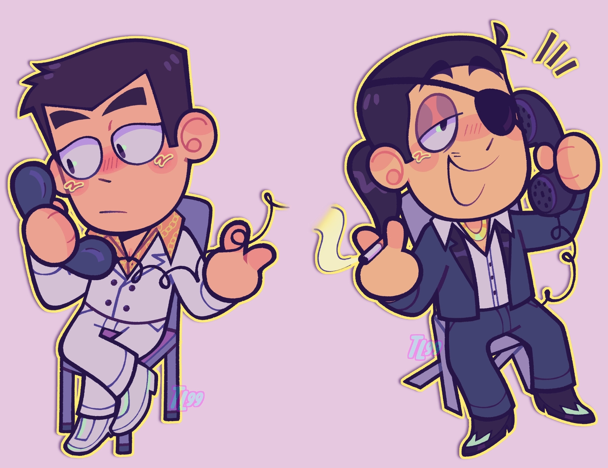 Cute chibi illustrations of Kazuma Kiryu and Goro Majima from the game Yakuza 0. They're talking to each other on the phone.