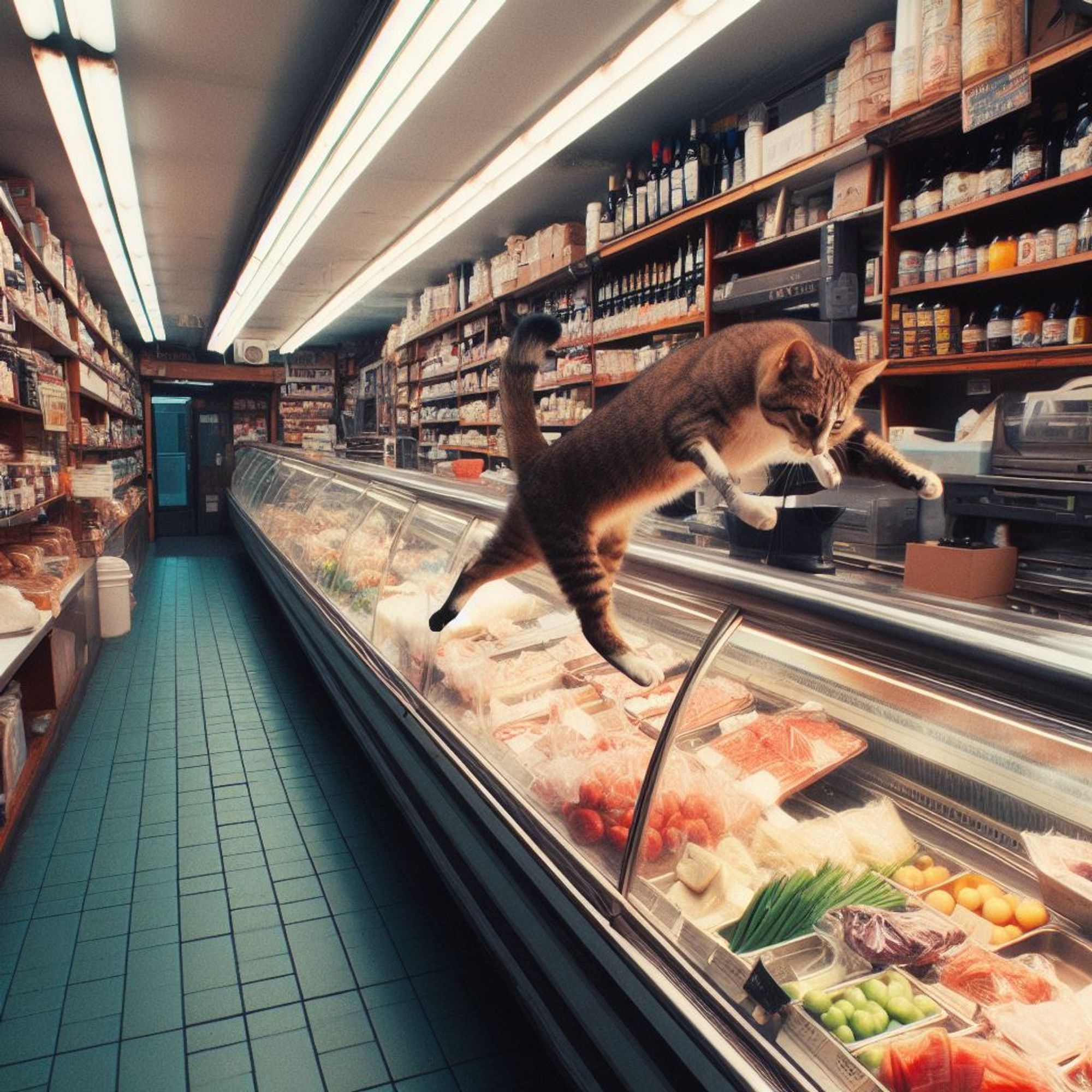 One of a set of four AI-generated images to fit the prompt, "color CCTV footage of a deli counter in a bodega, cat in mid-air leaping off counter, aisles of groceries visible"