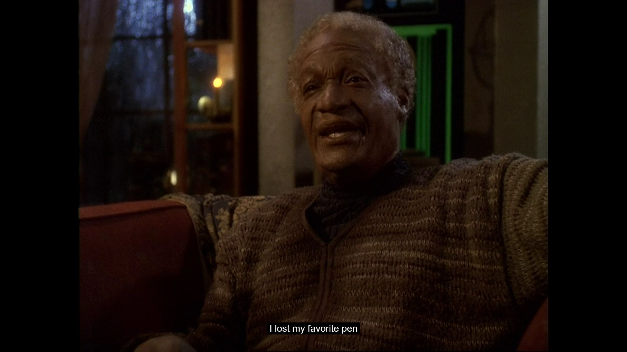 Tony Todd in age makeup as adult Jake Sisko in Star Trek DS9, S04E03, "The Visitor". 

Caption: "I lost my favorite pen"