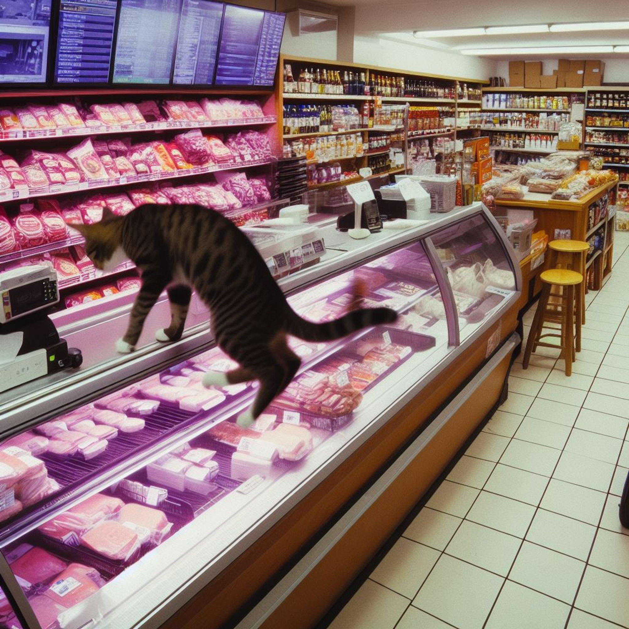 One of a set of four AI-generated images to fit the prompt, "color CCTV footage of a deli counter in a bodega, cat in mid-air leaping off counter, aisles of groceries visible"