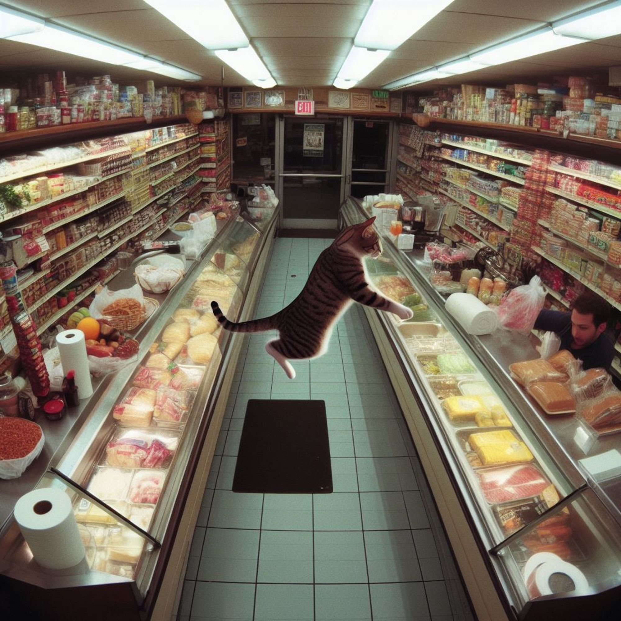 One of a set of four AI-generated images to fit the prompt, "color CCTV footage of a deli counter in a bodega, cat in mid-air leaping off counter, aisles of groceries visible"