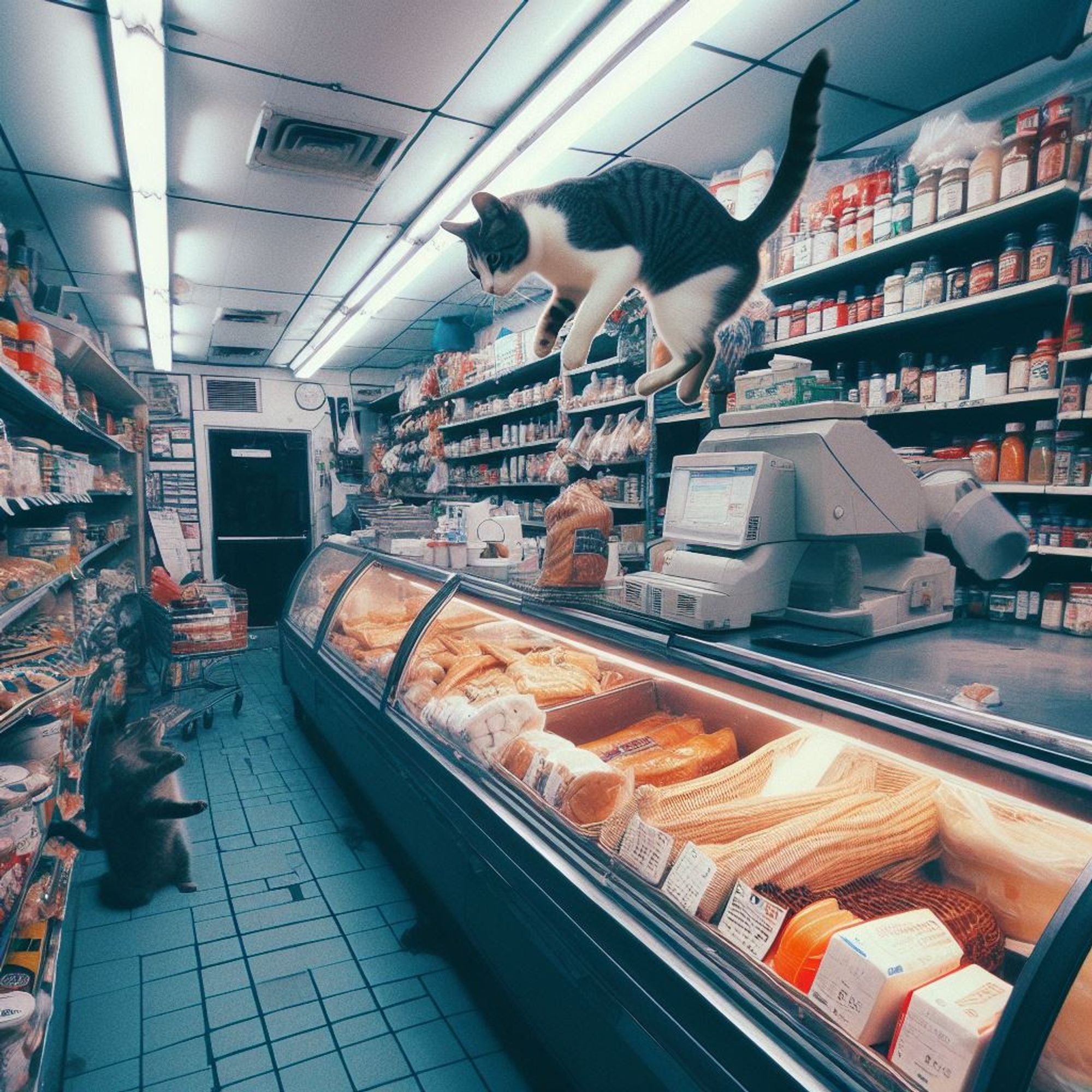 One of a set of four AI-generated images to fit the prompt, "color CCTV footage of a deli counter in a bodega, cat in mid-air leaping off counter, aisles of groceries visible"