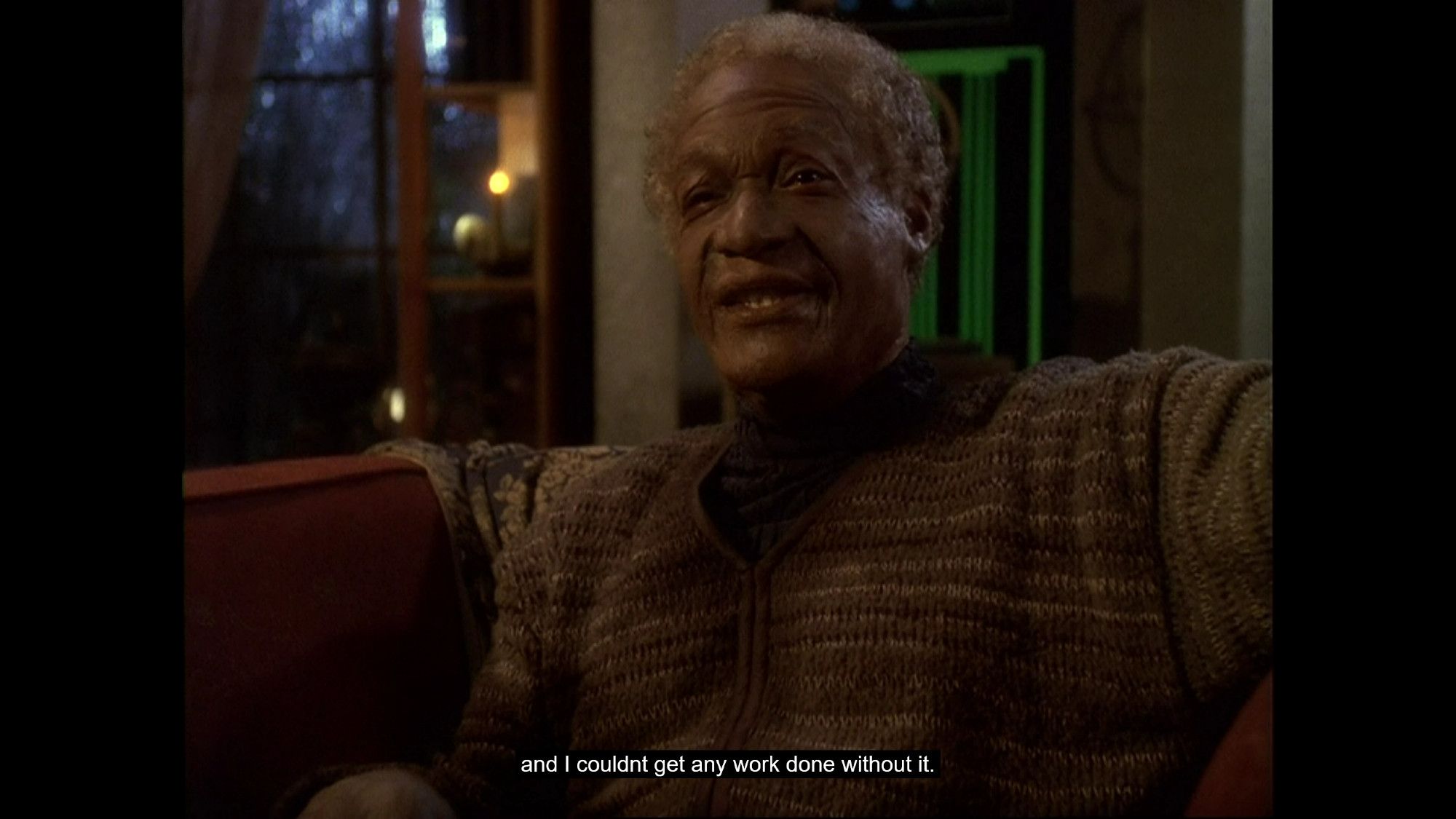 Tony Todd's line continues: 
Caption: "and I couldn't get any work done without it"