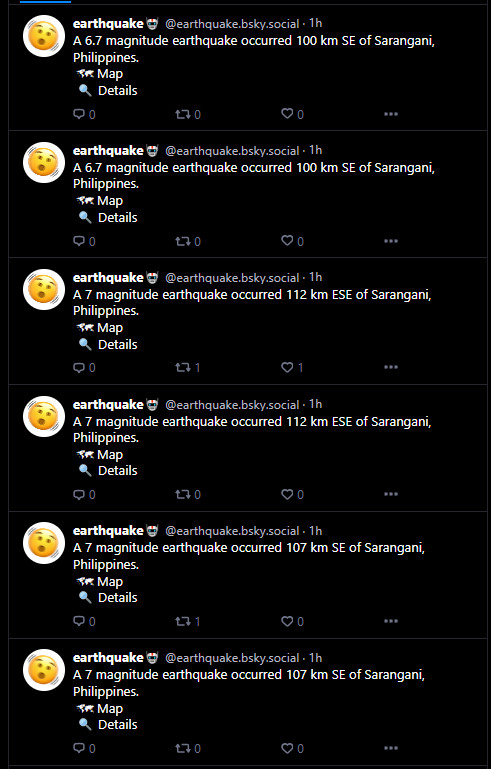 screenshot of posts showing earthquake alerts from the USGS