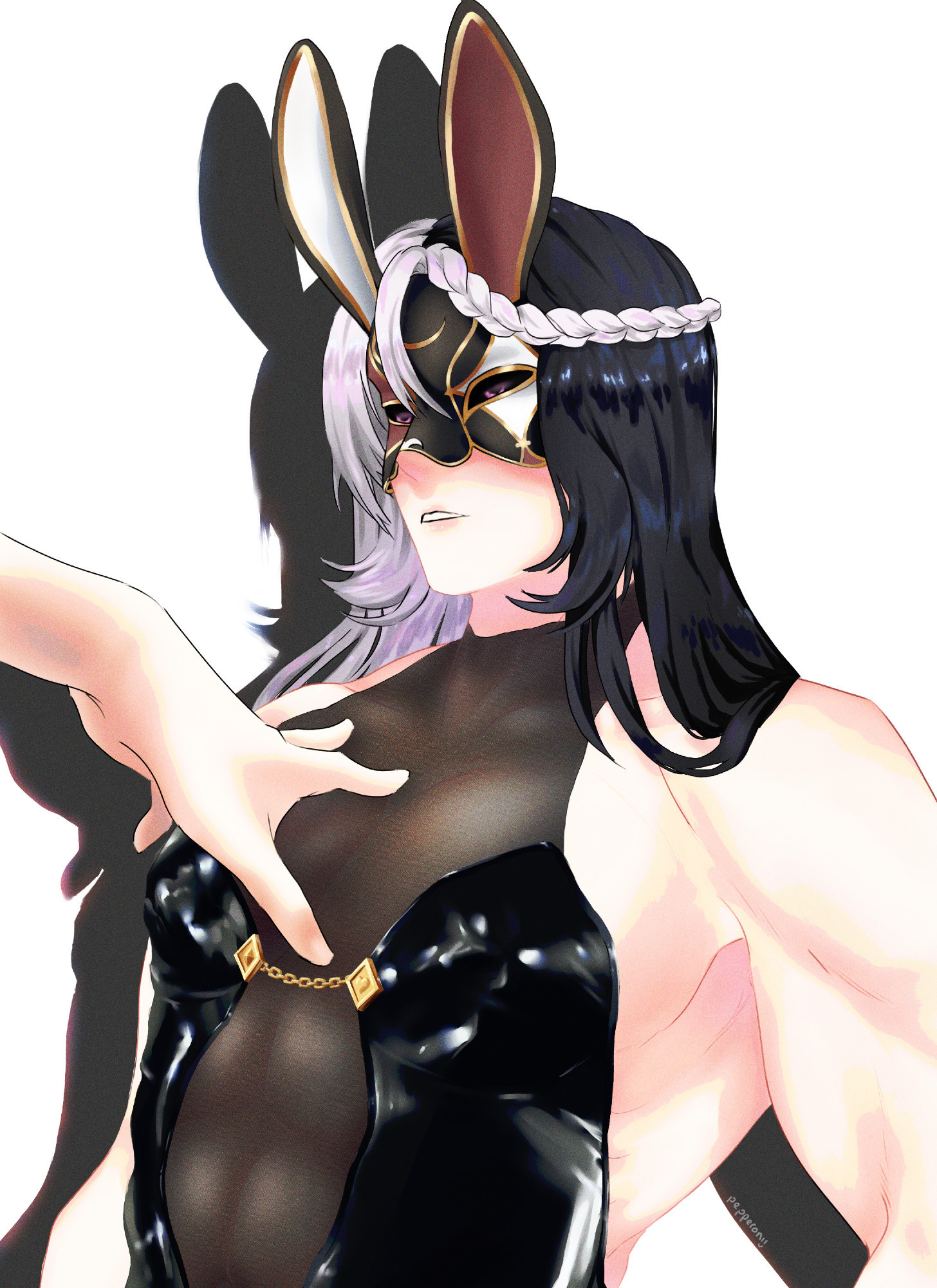 A muscular man with split-dyed white-and-black hair, a casino-themed bunny mask, and a bunnysuit stands, while a hand reaches out to touch his chest.