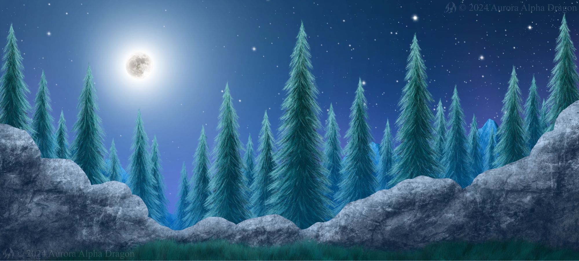 A digital drawing of a forest landscape overlooking the treetops from a cave above the ground with the full moon lighting up the night sky.