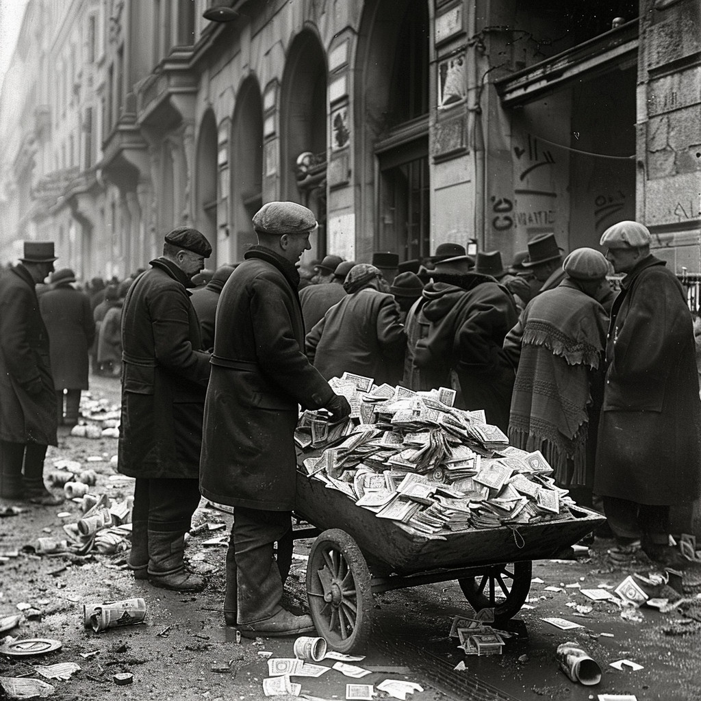 Man with a wheelbarrow full of money out to buy a loaf of bread.