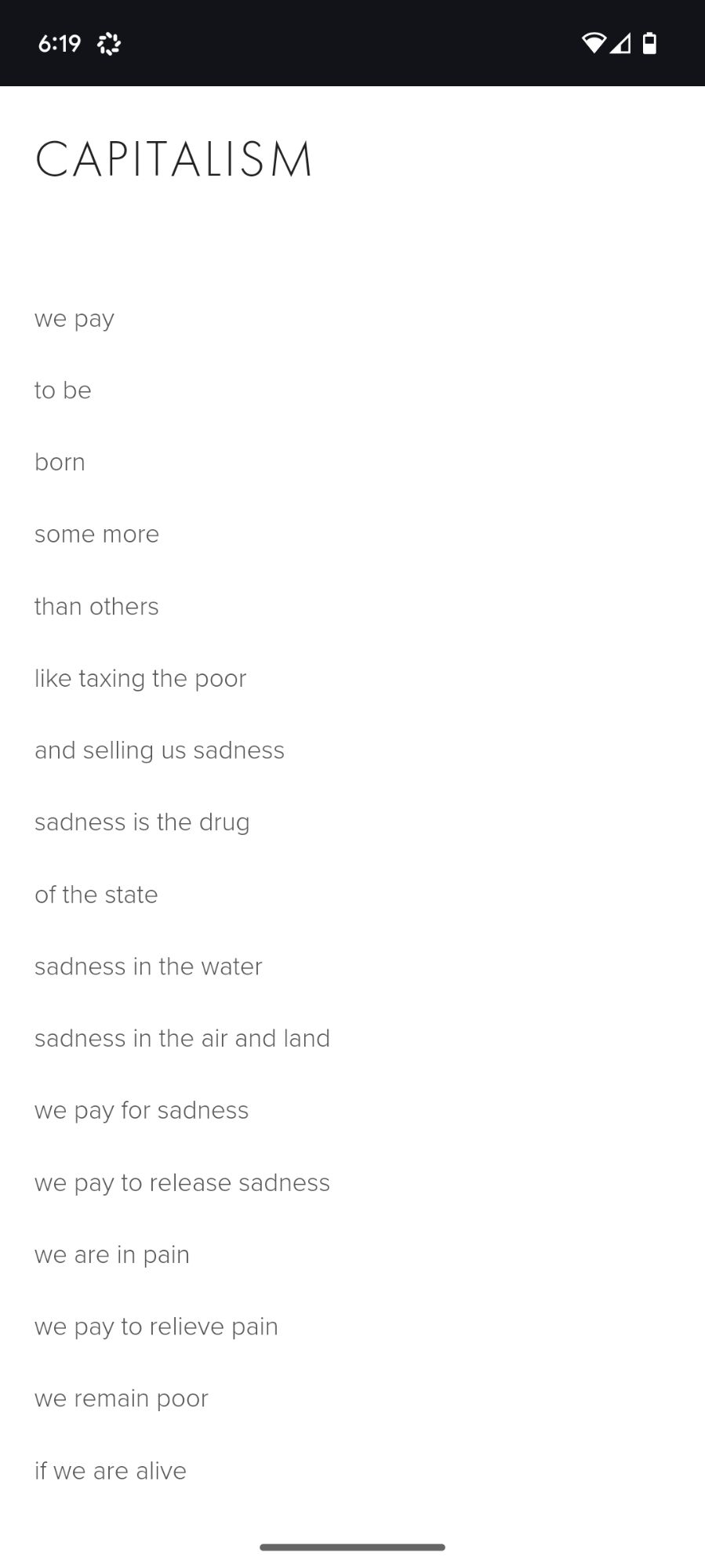 Screenshot of a poem called capitalism (link contains full text)