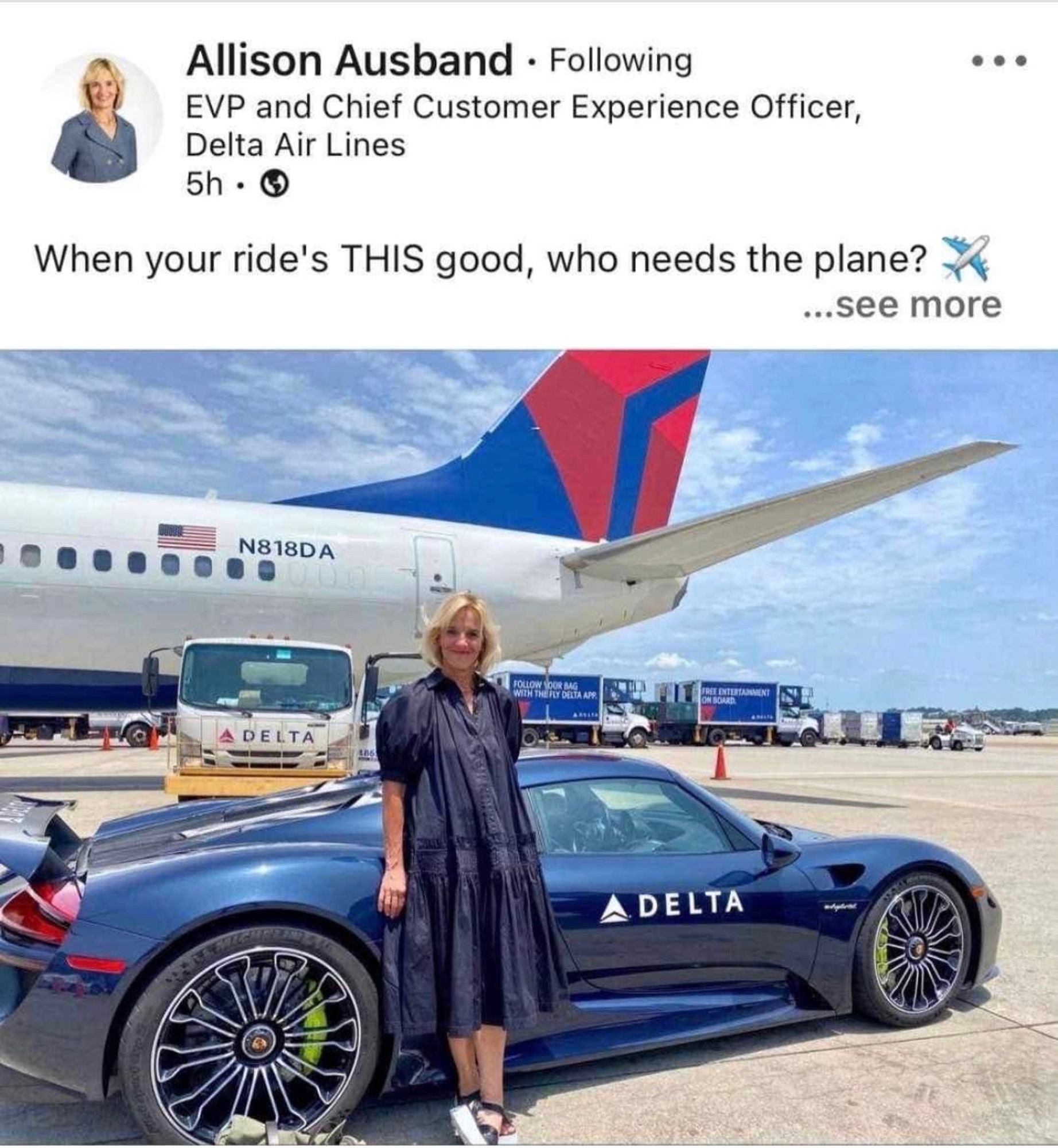 Delta executive poses in front of a luxury car on the ramp in front of a Delta plane with the caption, “When your ride’s THIS good, who needs the plane?”