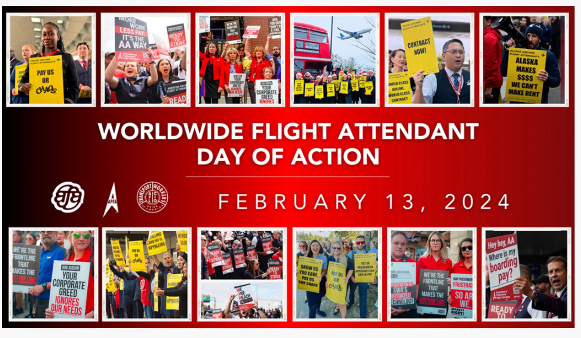 Graphic for Flight Attendant Worldwide Day of Action - pictures of protests at airports around the world