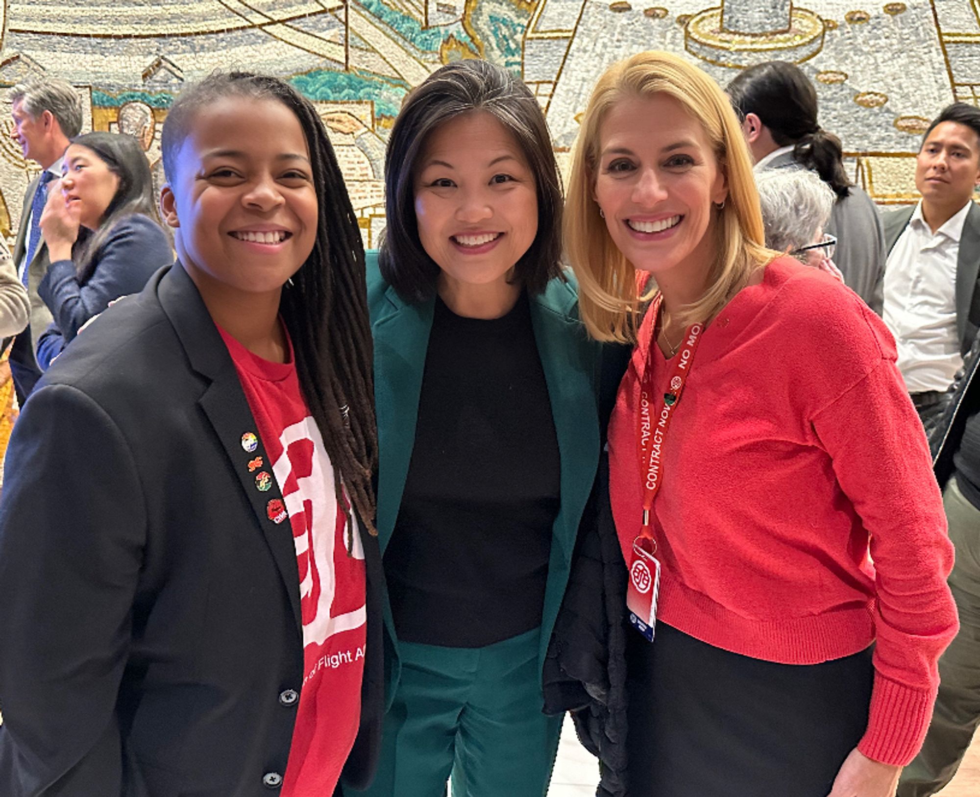 AFA-CWA Int’l President Sara Nelson and Int’l VP Keturah Johnson flanking Labor Secretary Julie Su at the AFL-CIO.