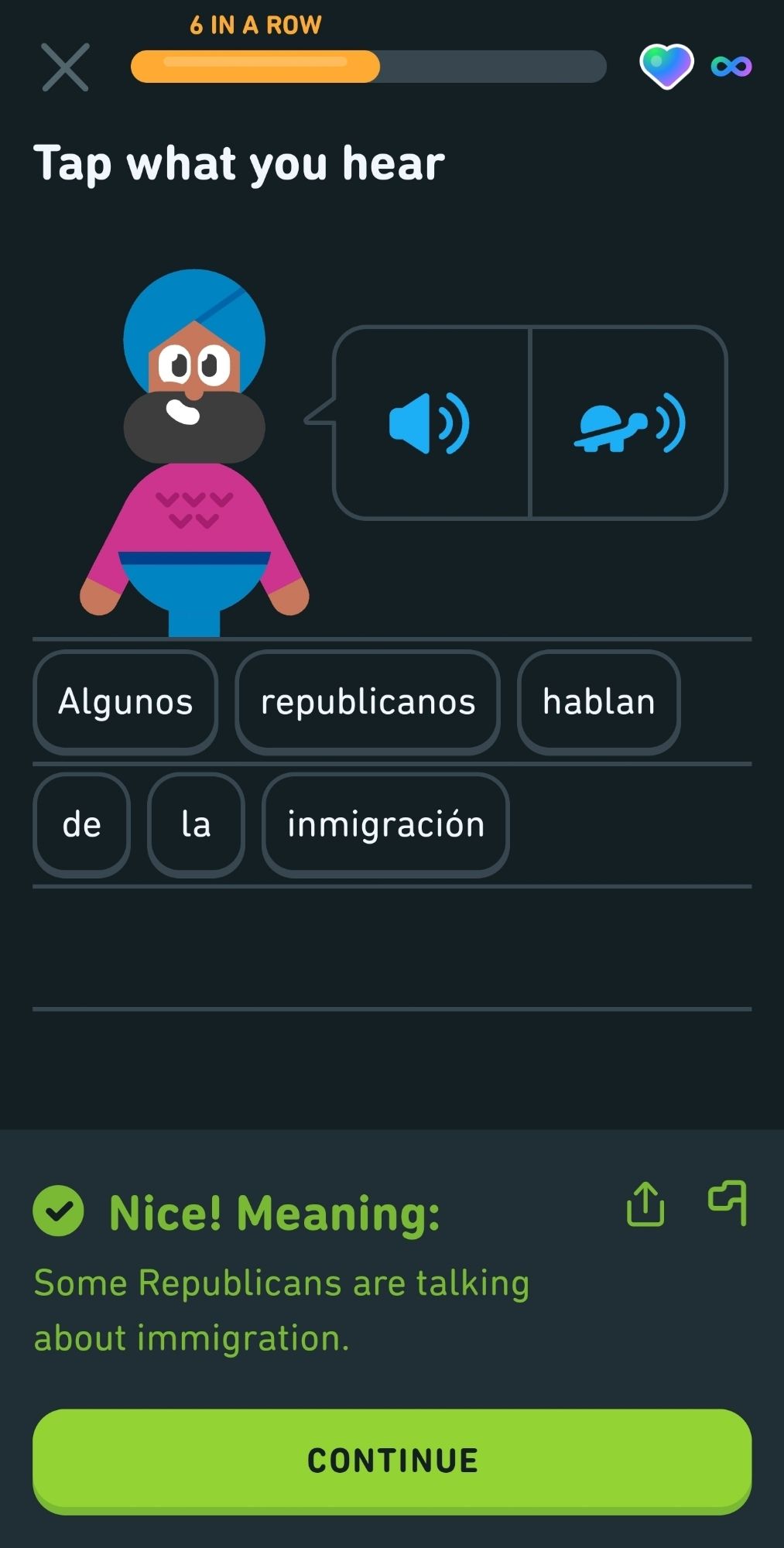 Duolingo practice sentence: algunas republicanos hablan de la inmigración.

Translation: "some Republicans are talking about immigration."