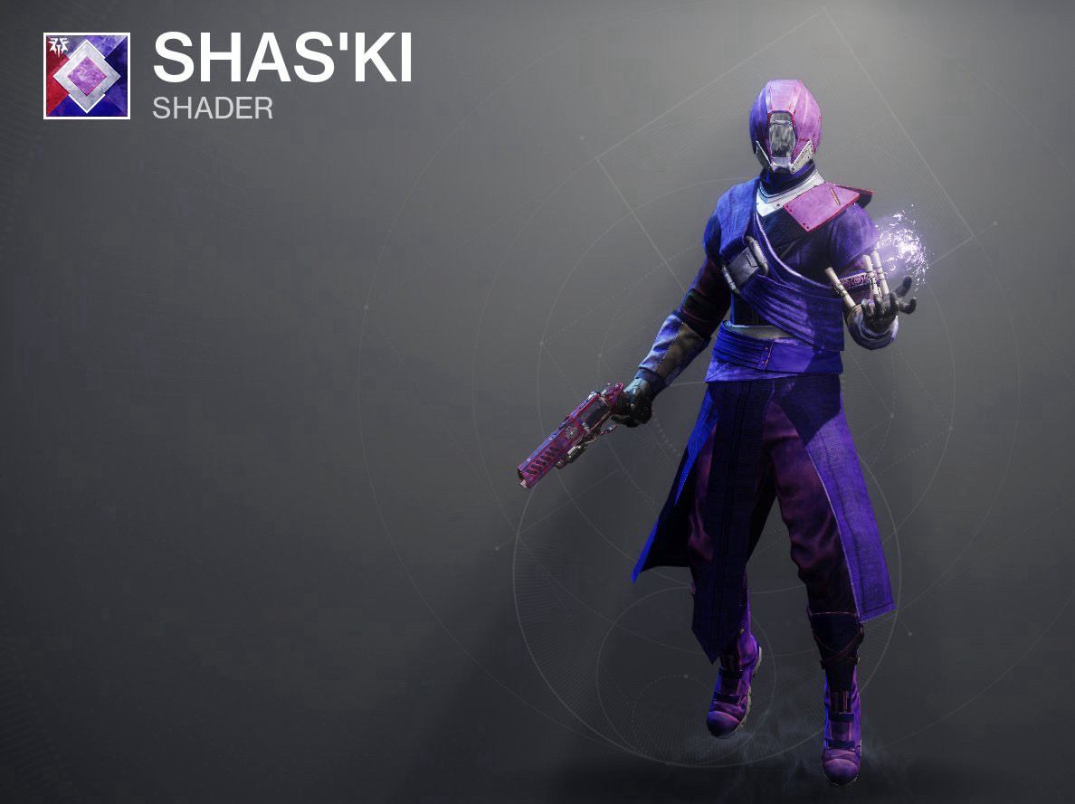 Sarsion’s player character previewed in the shader, “Shas’ki” (an Eliksni phrase meaning “to defy fear of a powerful being”, or simply, “be fearless”). The shader has hues of reds, purples and magenta. 