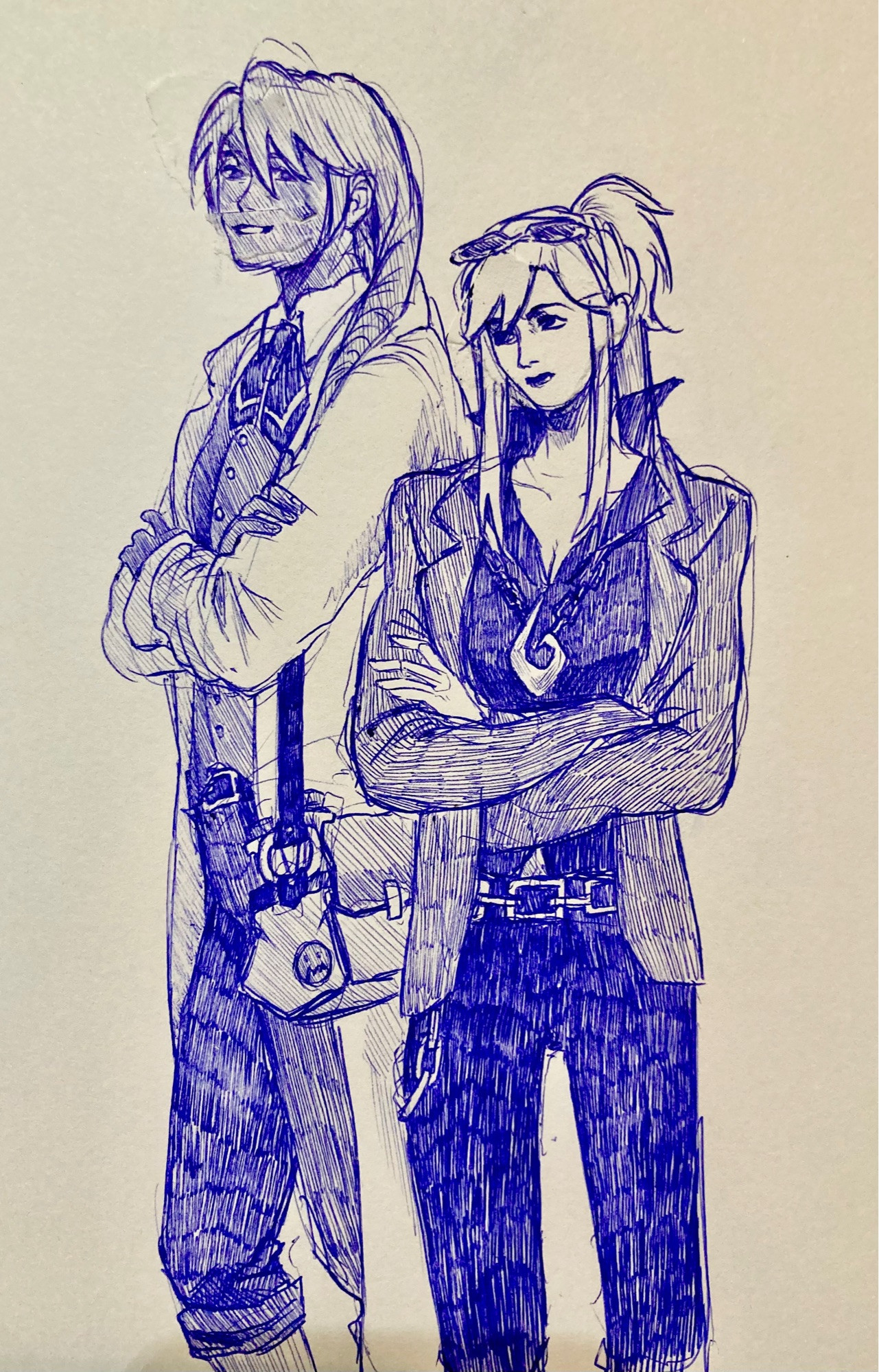 A pen drawing of Ema Skye and Klavier Gavin from the Ace Attorney games wearing each others outfits.