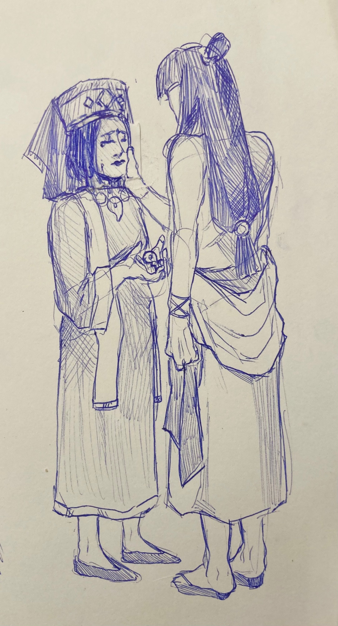 A pen drawing of Tahrust Inmee and Beh’leeb Inmee. Beh’leeb is crying and holding the Magatama of parting while Tahrust gently touches her cheek