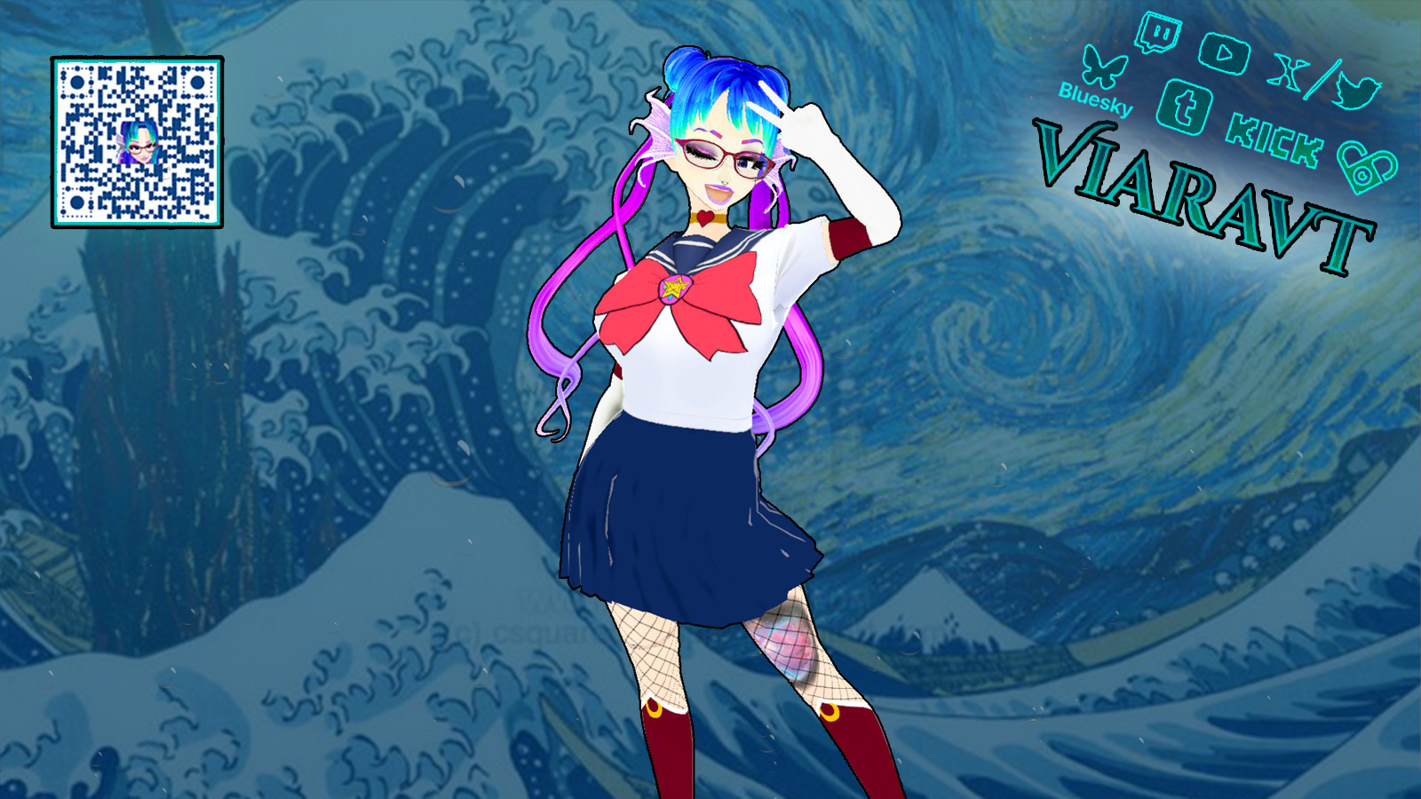 Image of VTuber ViaraVT. They are a punky seatuber with colorful hair, lip and nose piercings, tattoos, and fin-like ears. They have lip and nose piercings. They are dressed as Sailor moon, doing the peace-sign pose that Sailor Moon does after her transformation. The background is an undersea scene with an overlay of bubbles. The graphic includes a QR code for Viara's links, as well as icons for Twitch, Youtube, X / Twitter, Bluesky, Tumblr, Kick, and Fansly