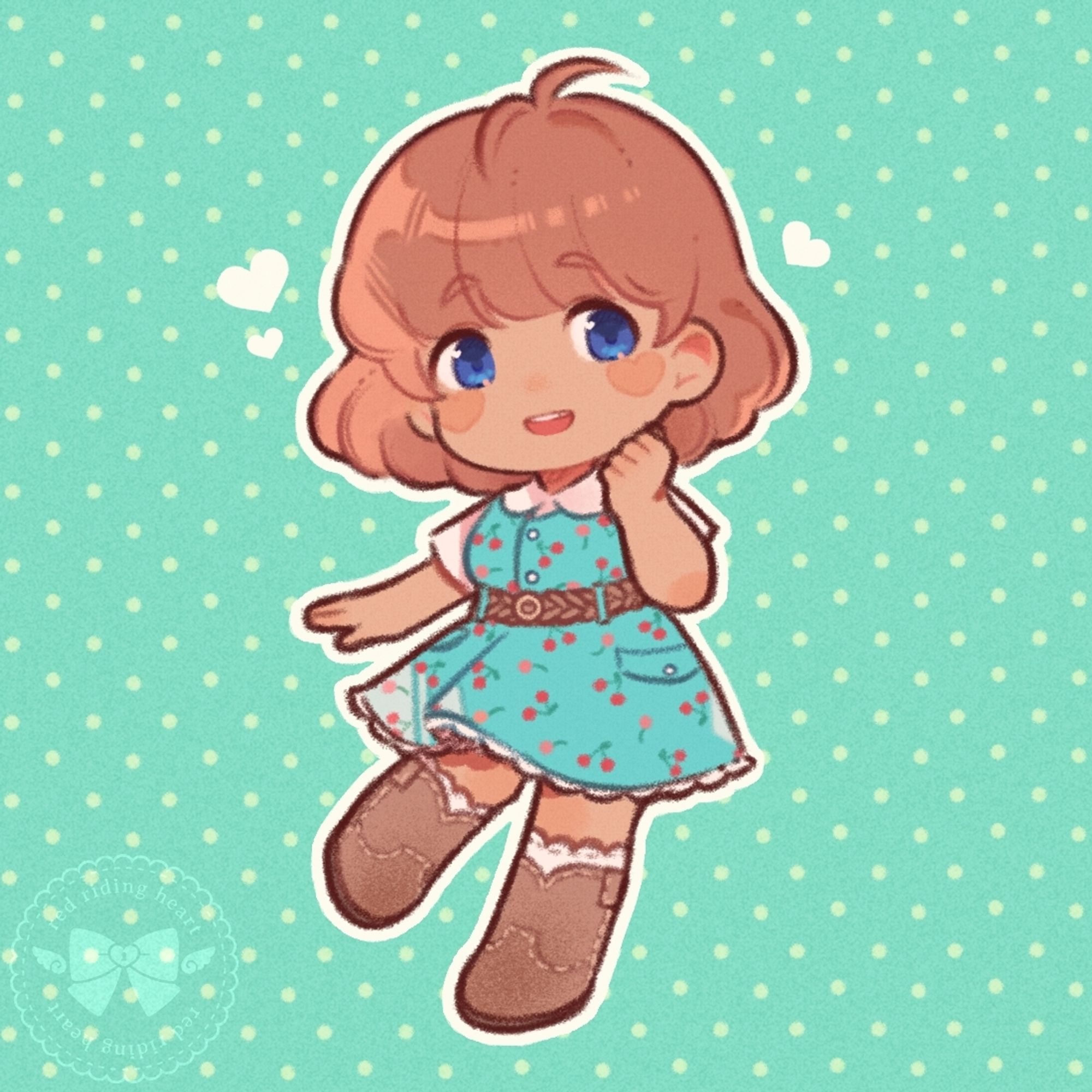 An illustration of a smiling character wearing a cherry-patterned dress and cowboy boots. Her hair is in a short bob. There are hearts decorating the image.