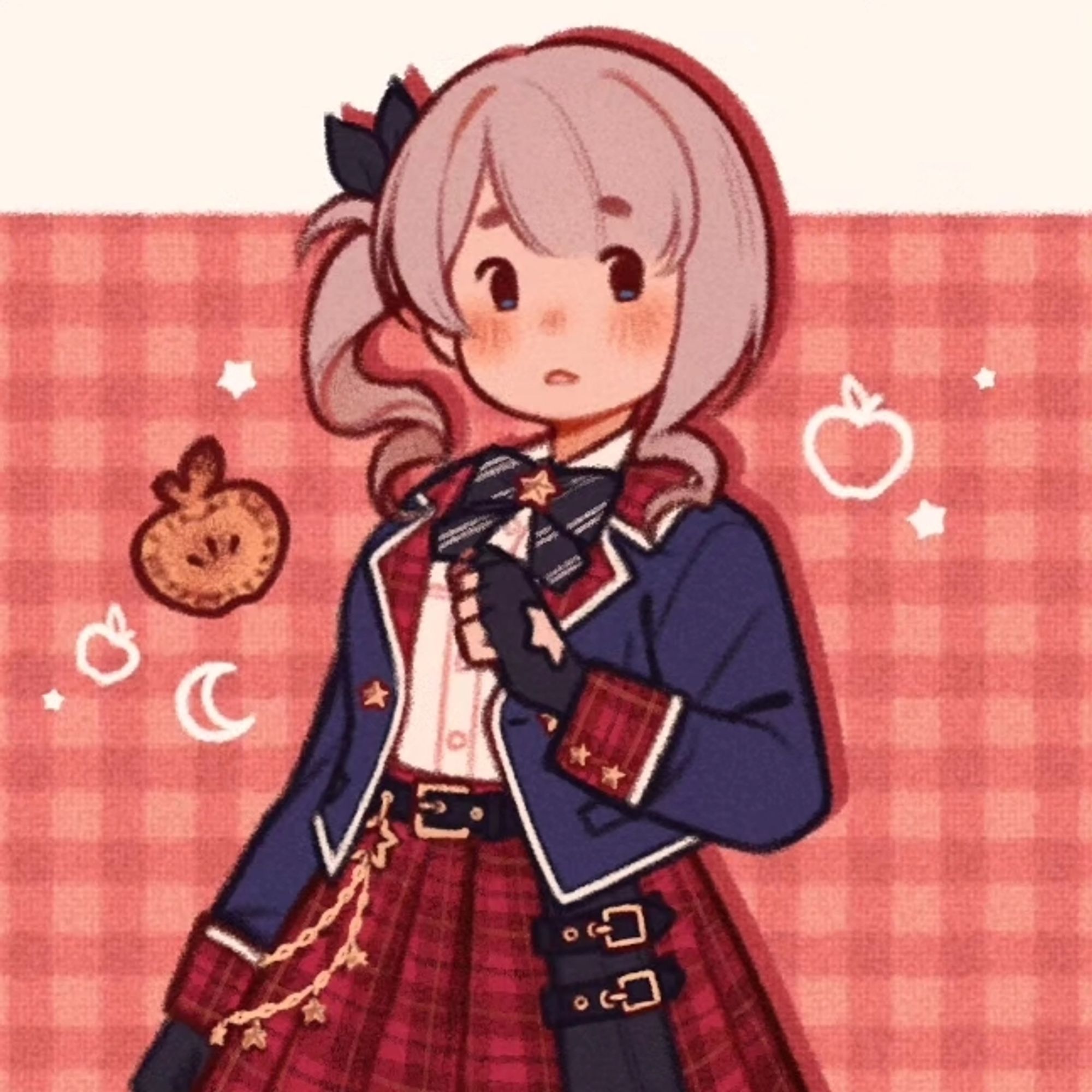 An illustration of Honami Mochizuki from Project Sekai. She is wearing a school uniform inspired outfit with punk elements. There are drawings of apple pies, apples, moons, and stars drawn around the image.