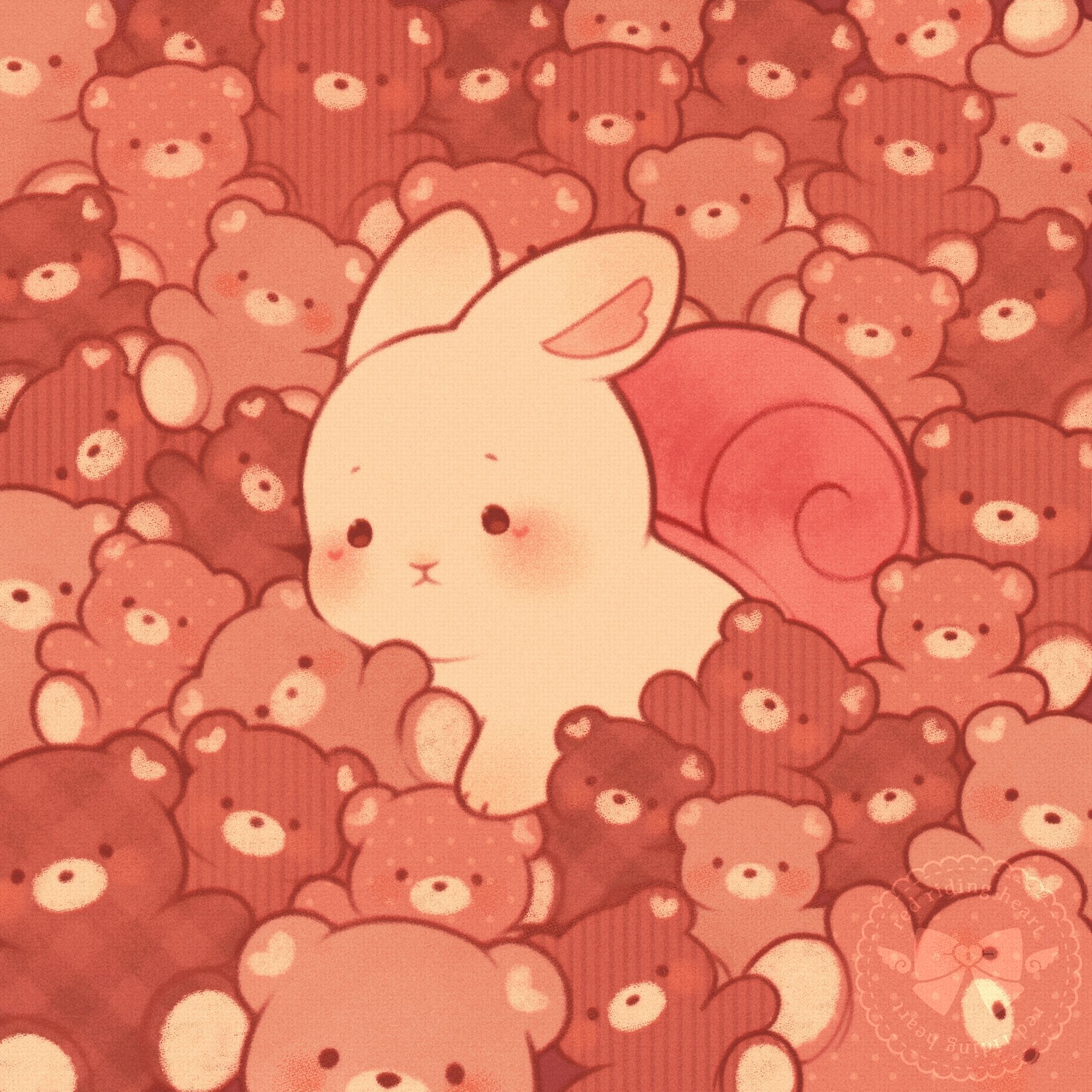 An illustration of an animal character with rabbit ears and a snail shell on its back surrounded by many teddy bears filling the image. The teddy bears are varied with plain versions, polka dots, stripes, and gingham fabric.