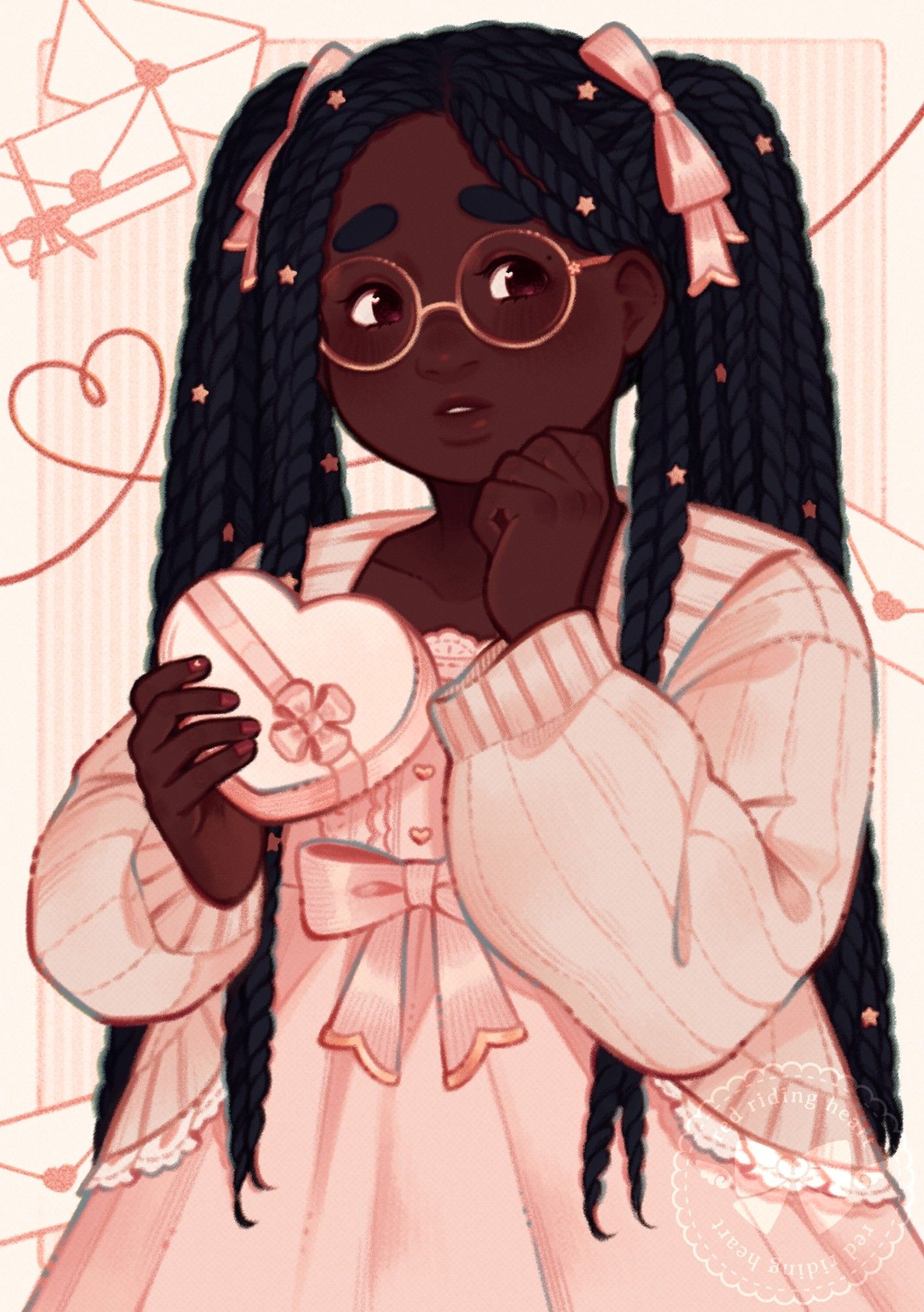 Elsie, an original character from Wish to the May wearing a pink dress and a beige sweater. She is wearing her hair in twintails and nervously holding a heart-shaped gift box. Love letters are scattered across the background.