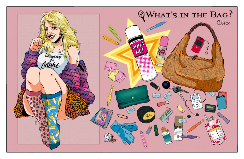 An illustrated spread featuring a blonde woman on the left hand side, wearing an outfit made up of multiple patterns. To the right is a chaotic spread of items typically found in her purse including makeup, medical supplies, and other detritus