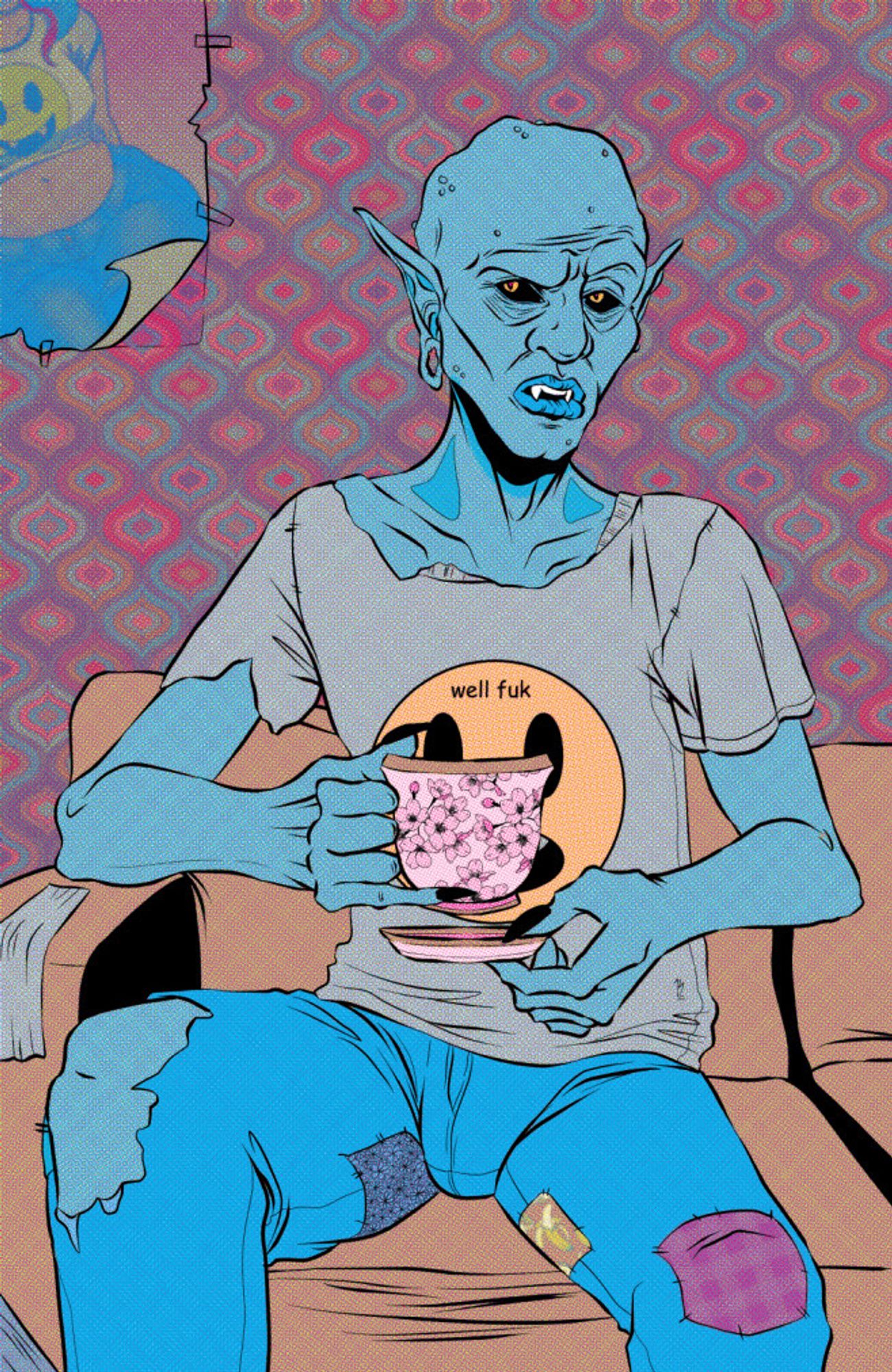 Comics-inspired portrait of a goblin-esque man holding a teacup