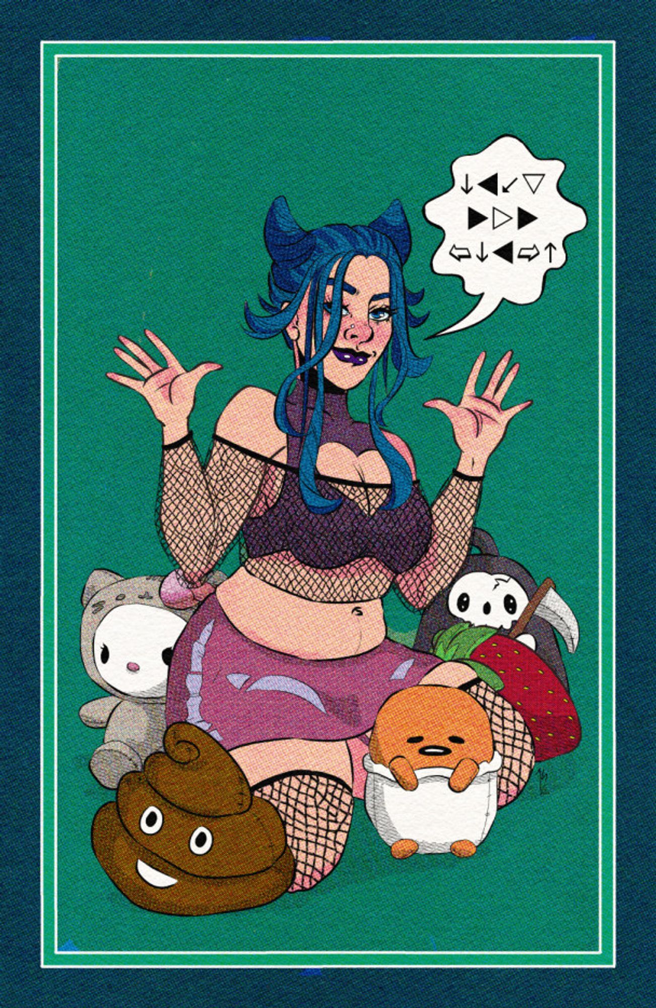 Illustration of a blue-haired e-girl surrounded by plushies of various quality including the Hello-Kitty Pusheen collab, a poop emoji, and Gudetama in an egg