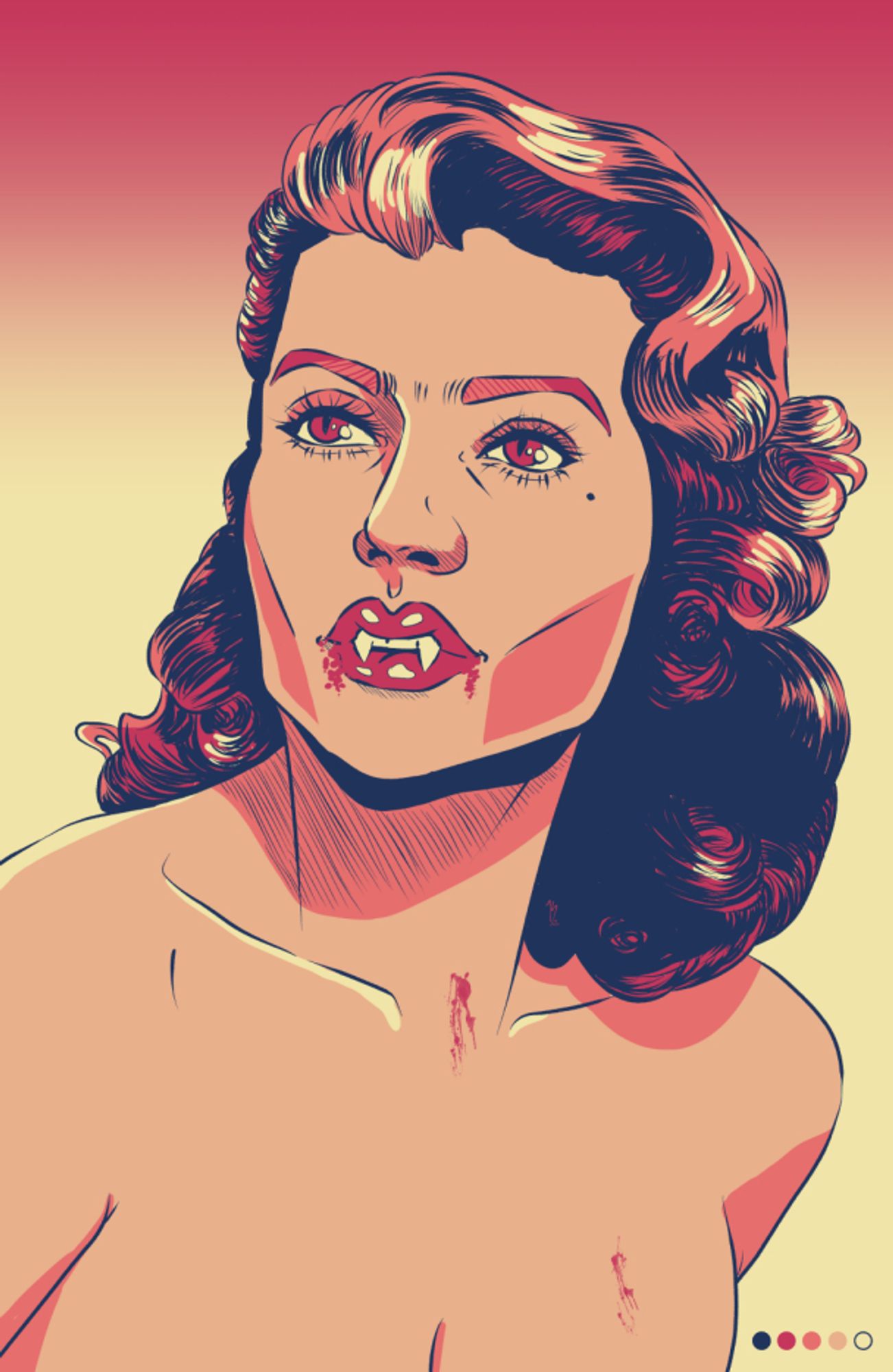 A stylized cartoon portrait of a 1950s pinup vampire with visible fangs and blood spatters