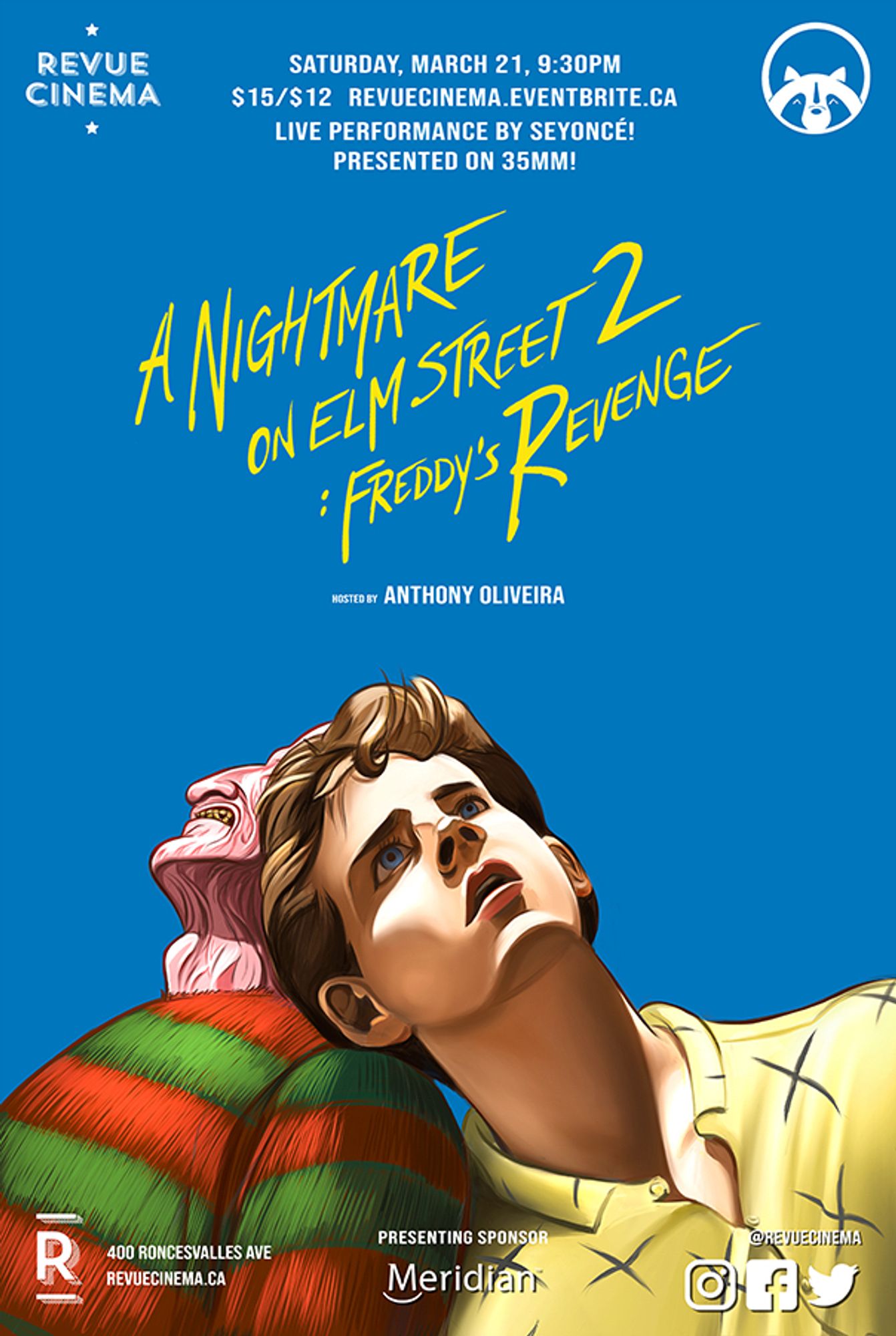 An illustrated movie poster in the style of the “Call Me By Your Name” poster with the two main characters sitting shoulder to shoulder against a blue sky. But instead of Armie Hammer and Timothée Chalamet, it’s Freddy and Jesse from Nightmare on Elm St. 2