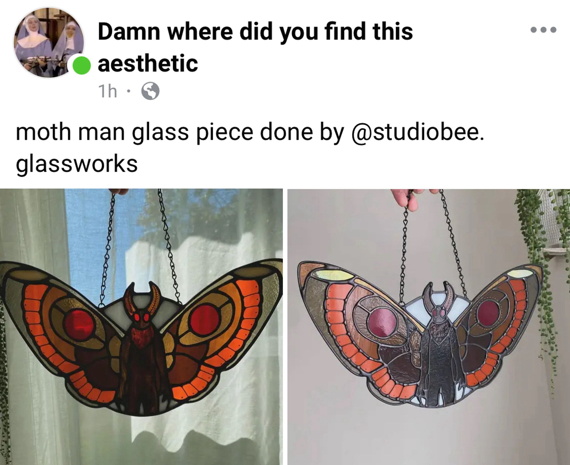 Damn where did you find this
• aesthetic
1h •
moth man glass piece done by @studiobee. glassworks

There are two images of a free form stained glass piece in the shape of a moth, but the details and colors make it clear it is in fact a Mothman!