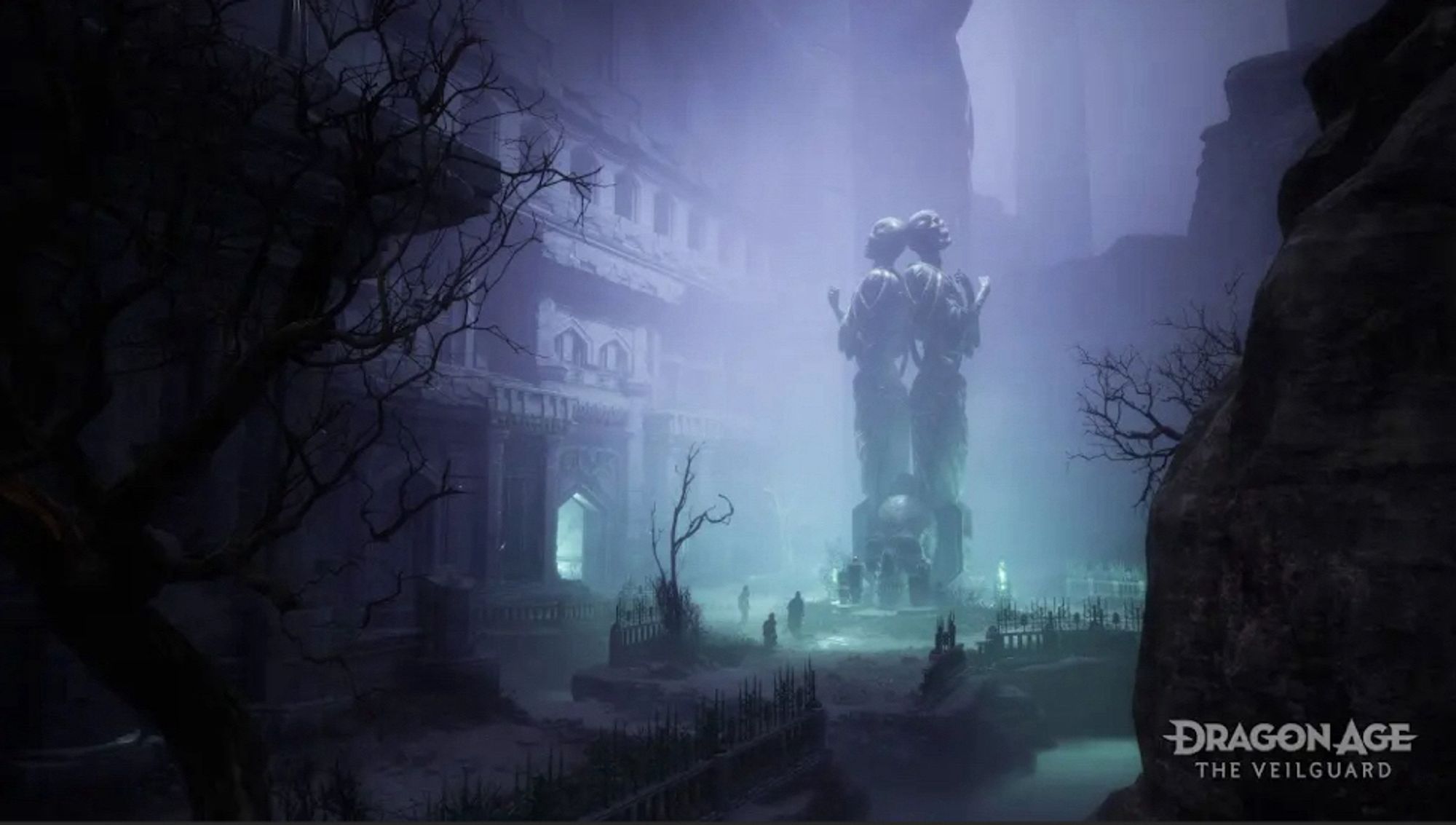 Another view of Nevarra, I believe. A large stone building stands on the left and there's a large statue of skeletons in the center of a courtyard that's swirling with a mist in tones of aqua and purple.