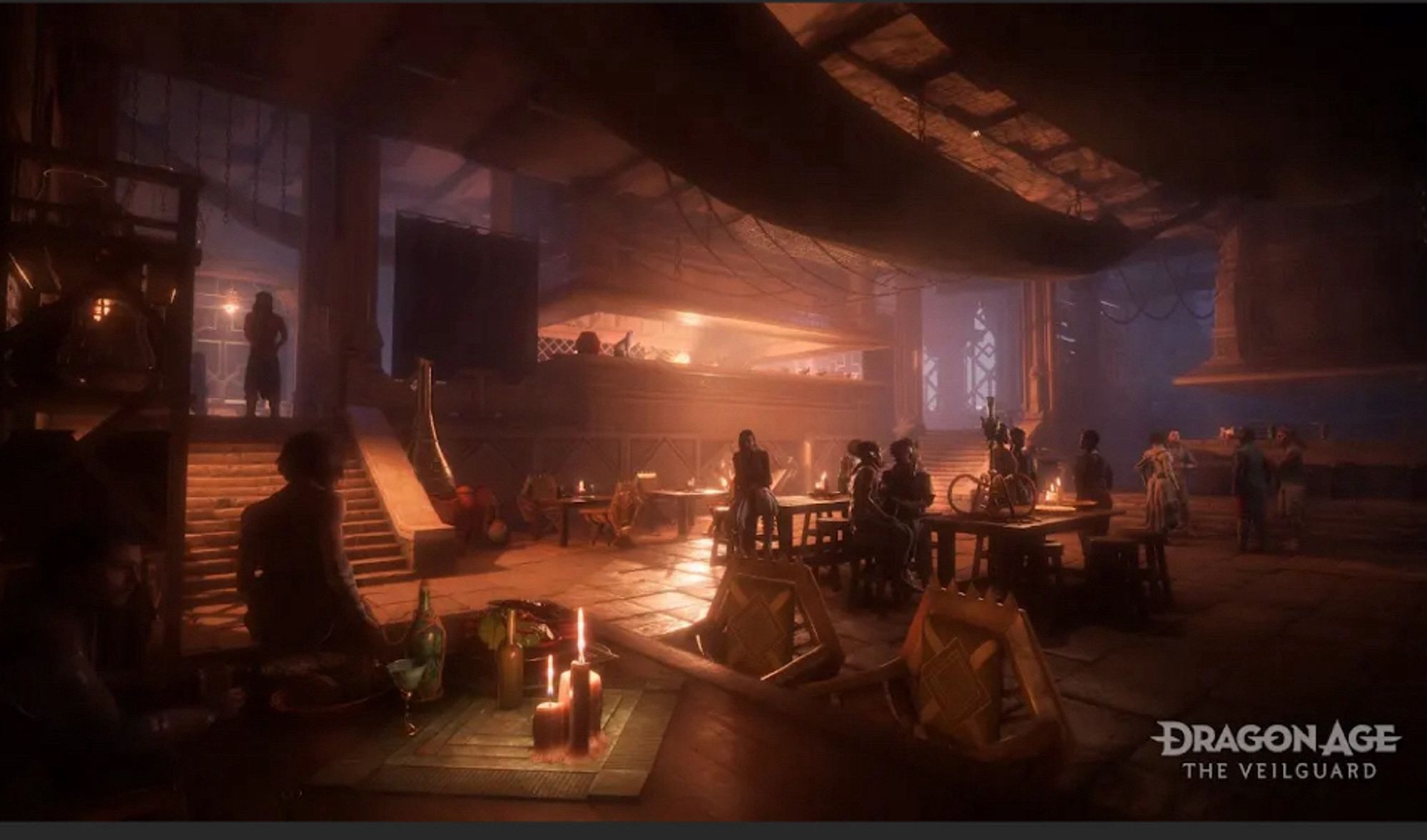 A very cosy scene that looks like a warmly lit pub or tavern room in a dwarven thaig