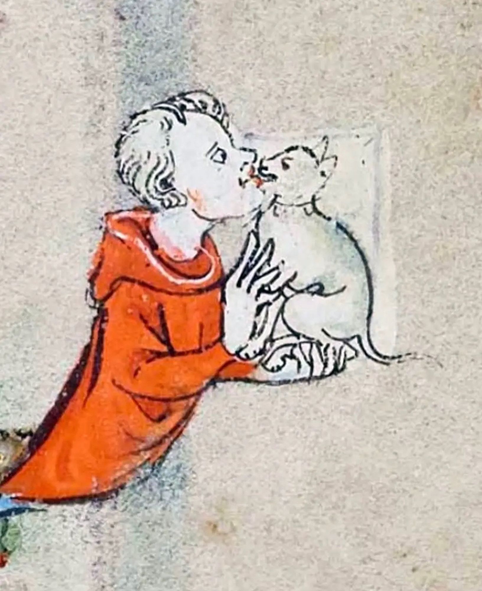 A man in red robes holds a white cat in his hands, kissing it on the lips